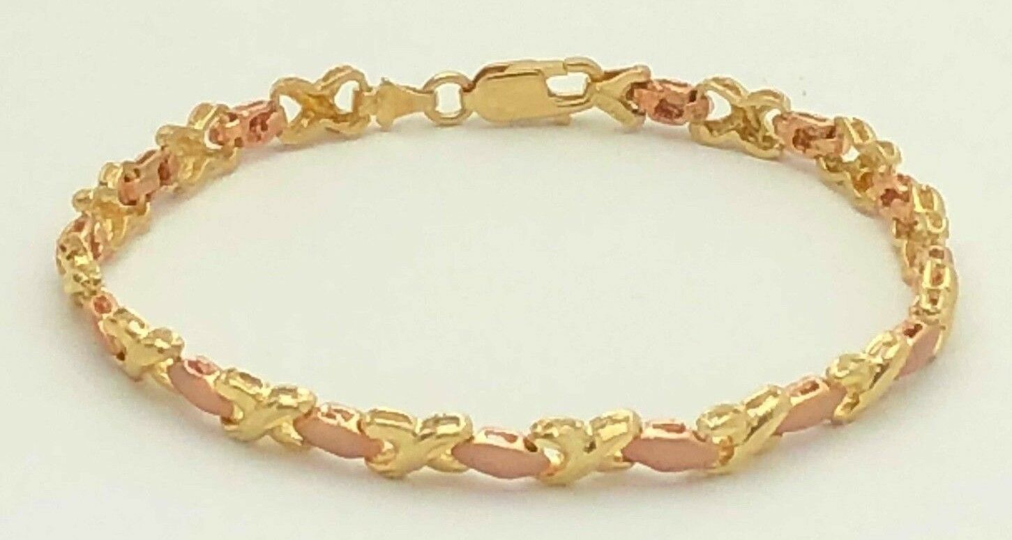 14k Two Tone Gold Satin Finish Hugs & Kisses XOXO Link Bracelet 7.25" 5.4mm 8.5g