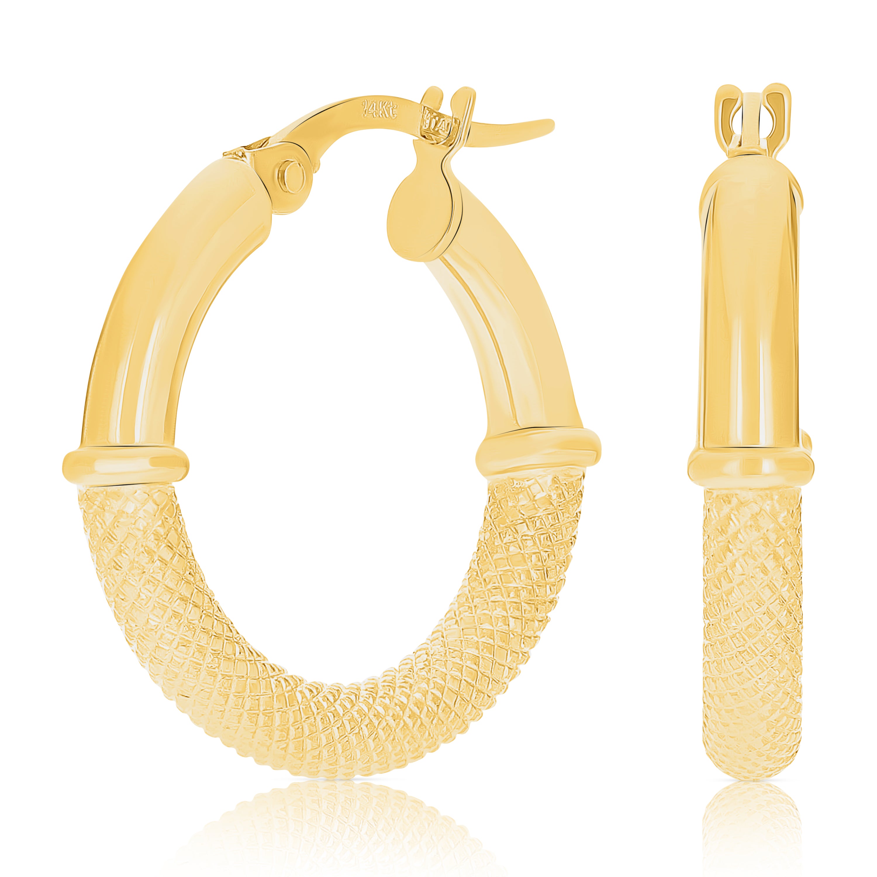 Italian 14k Yellow Gold Waffle Texture & Bright Shine Hollow Hoop Earrings 2gram