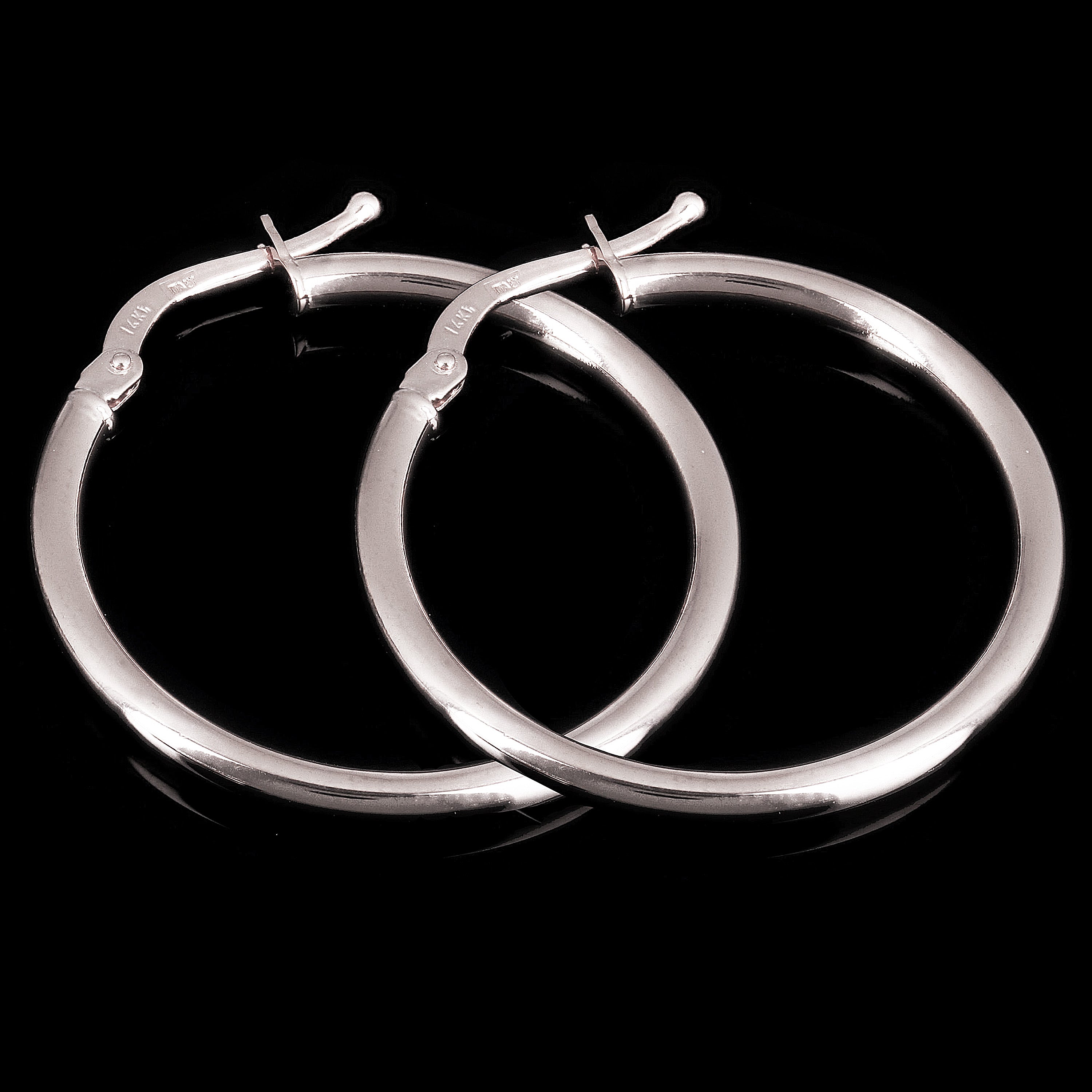 Italian 14k White Gold High Polished Plain 2mm Hollow Hoop Earrings 1" 1.6 grams - White,Size 1" 1.6 grams