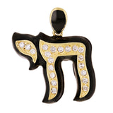 14k Yellow Gold Black Enamel Hebrew Jewish Chai Symbol Life with Diamonds Pendant - Black