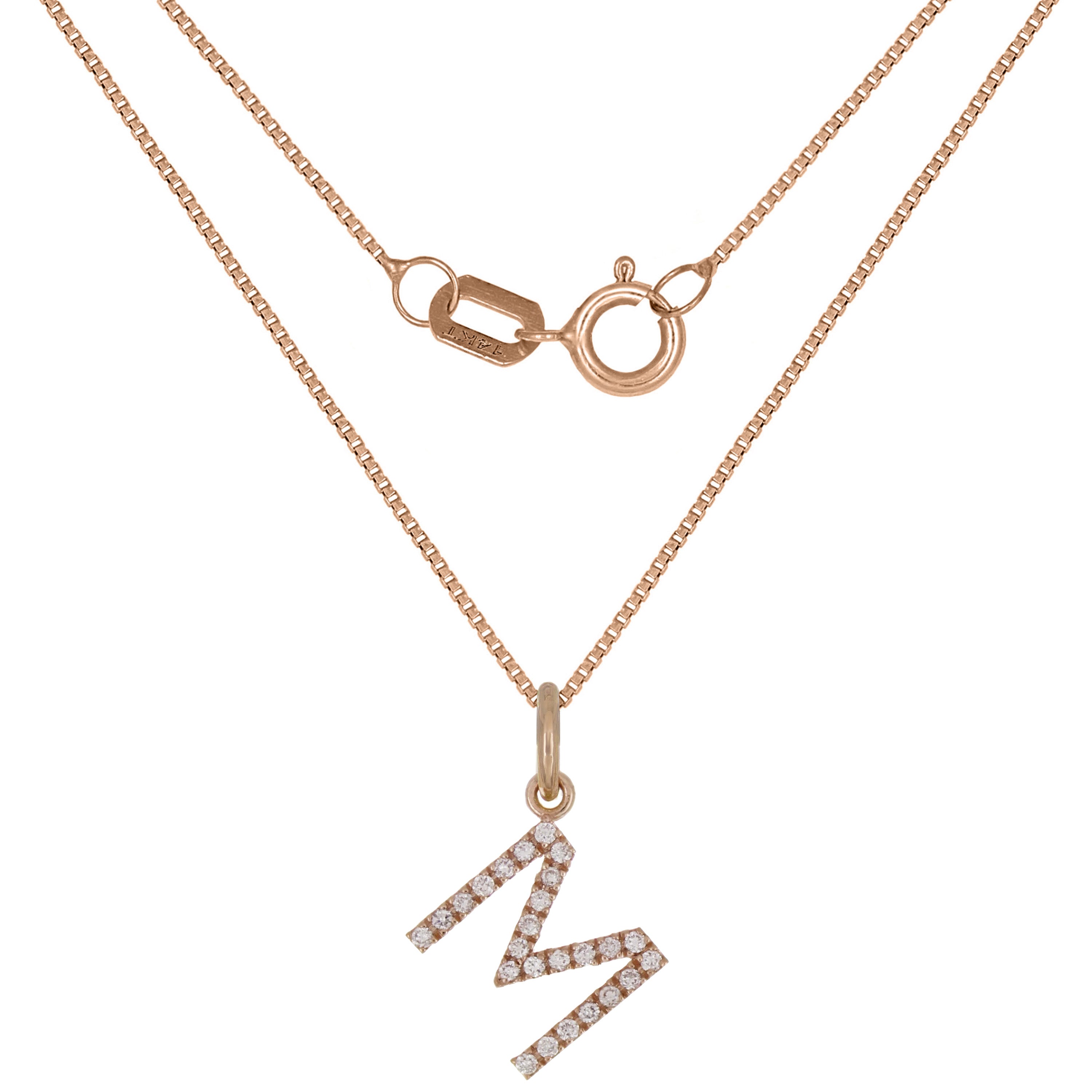 14k Rose Gold Diamond Initial Letter M Charm Pendant Necklace 18" - Letter M,Rose