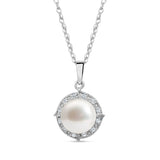 14k White Gold Freshwater Pearl Halo Pendant Necklace 18" with Diamonds