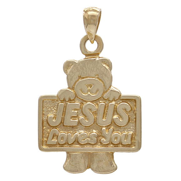 14k Yellow Gold Solid JESUS Loves You Teddy Bear Charm Pendant 1.3