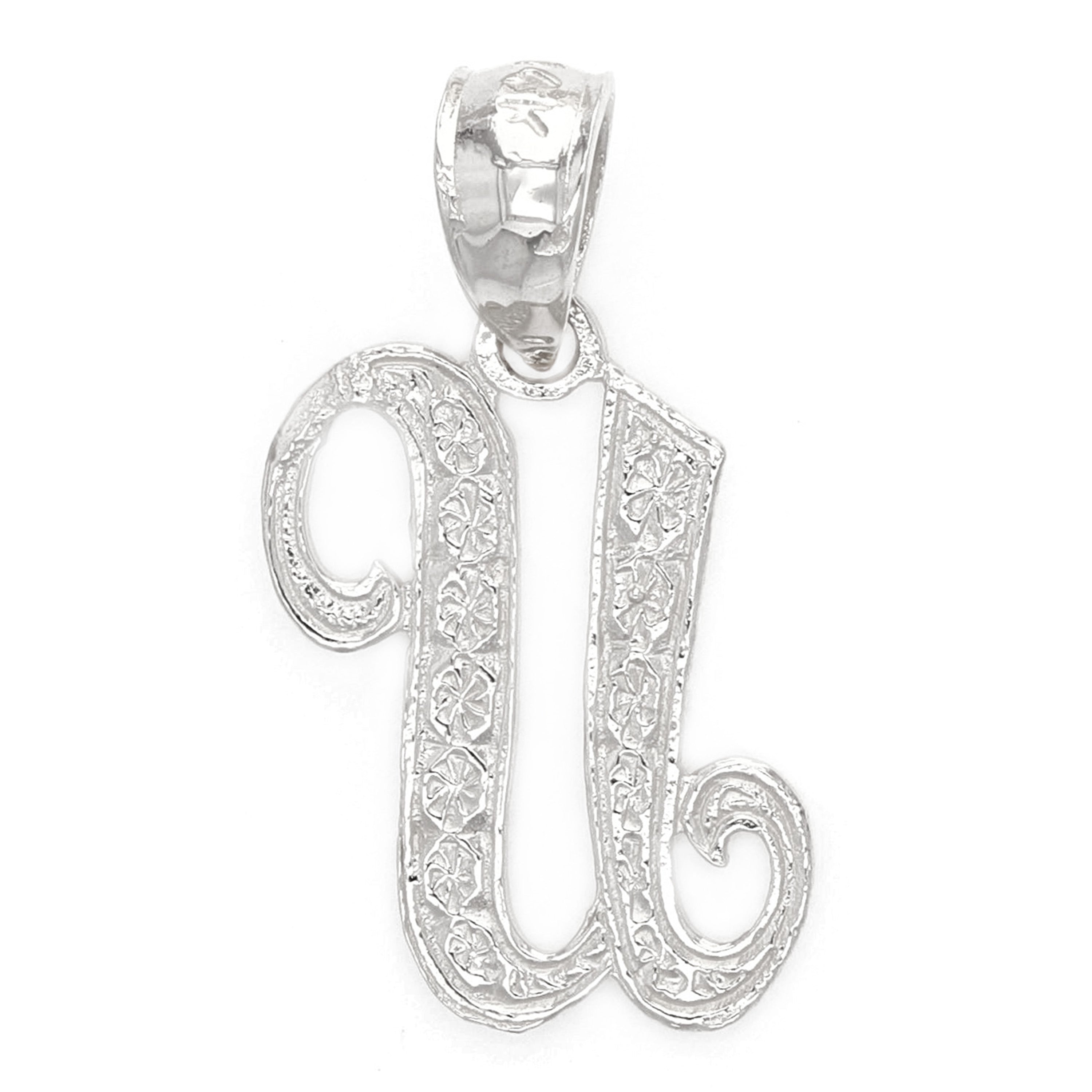 14k White Gold Initial Letter U Alphabet Charm Pendant - Letter U,White