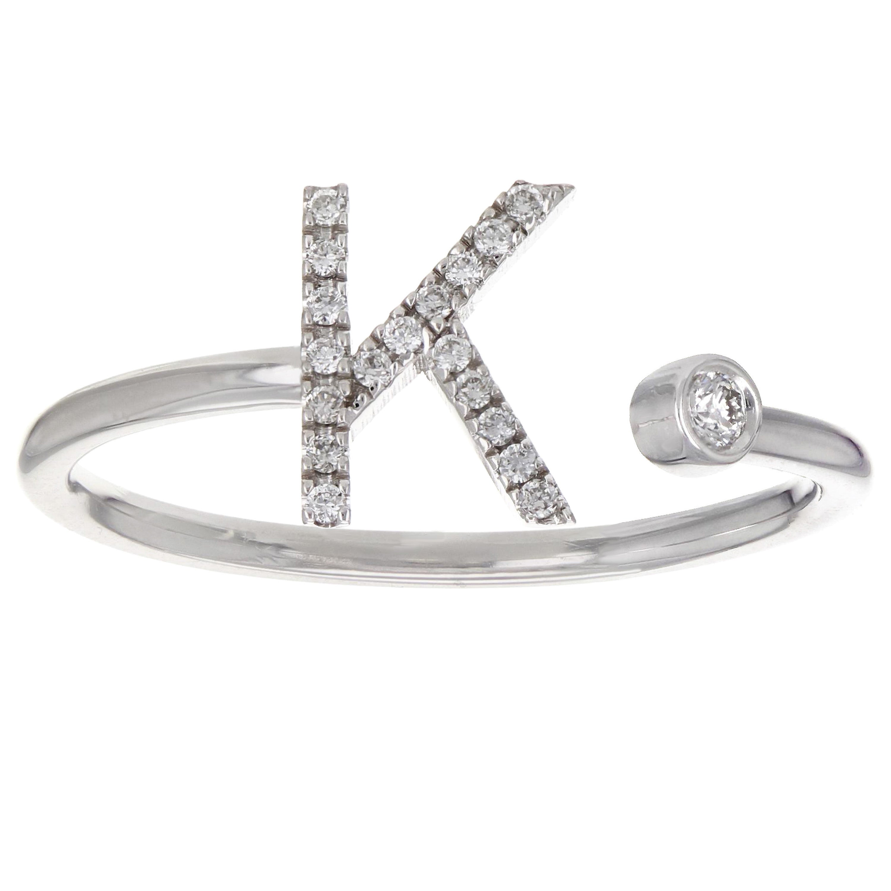 14k White Gold Diamond Initial Letter K Ring Size 6 - Letter K,White