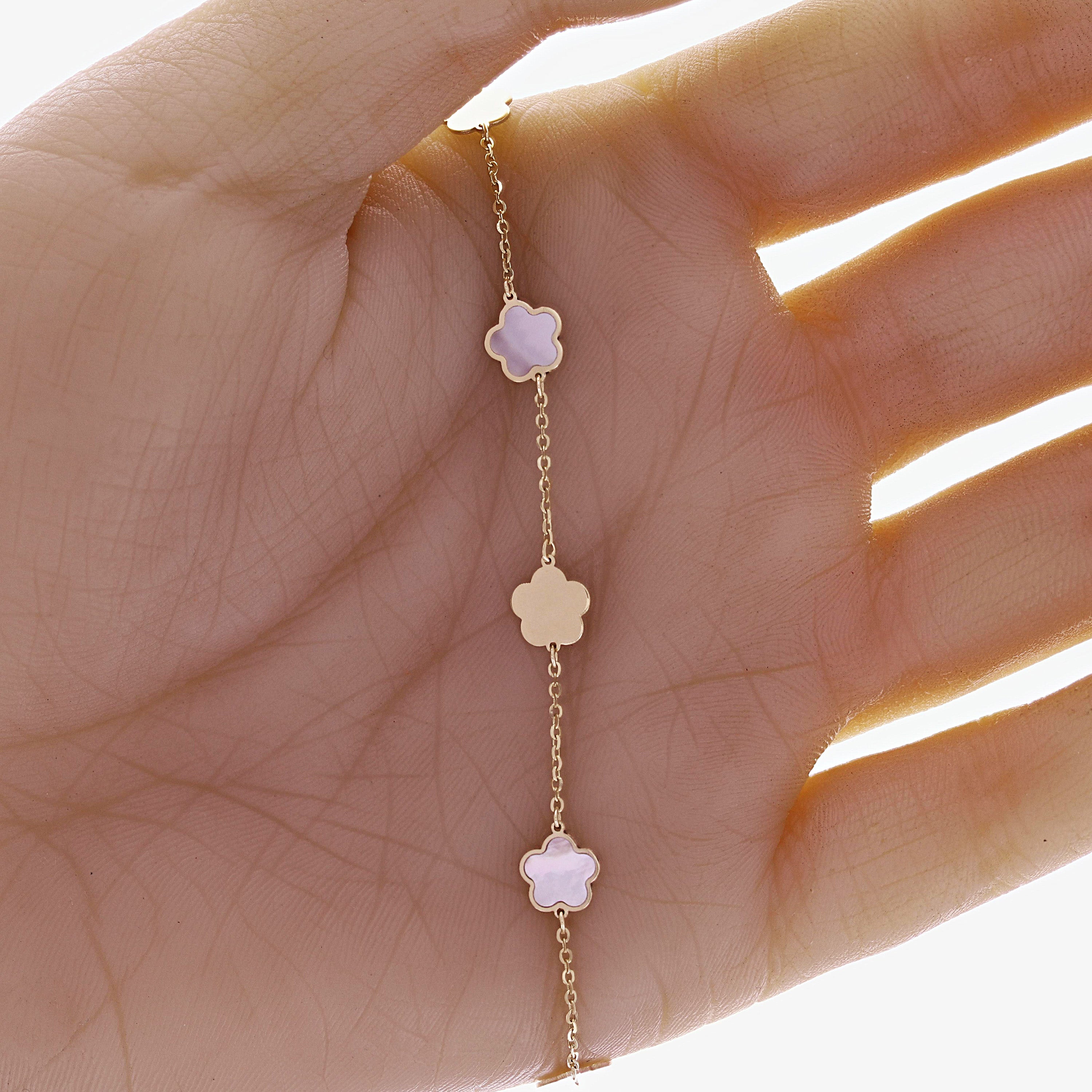 Italian 14k Yellow Gold Pearl Flower Charm Station Bracelet 7.5" 7.2mm 1.9 grams