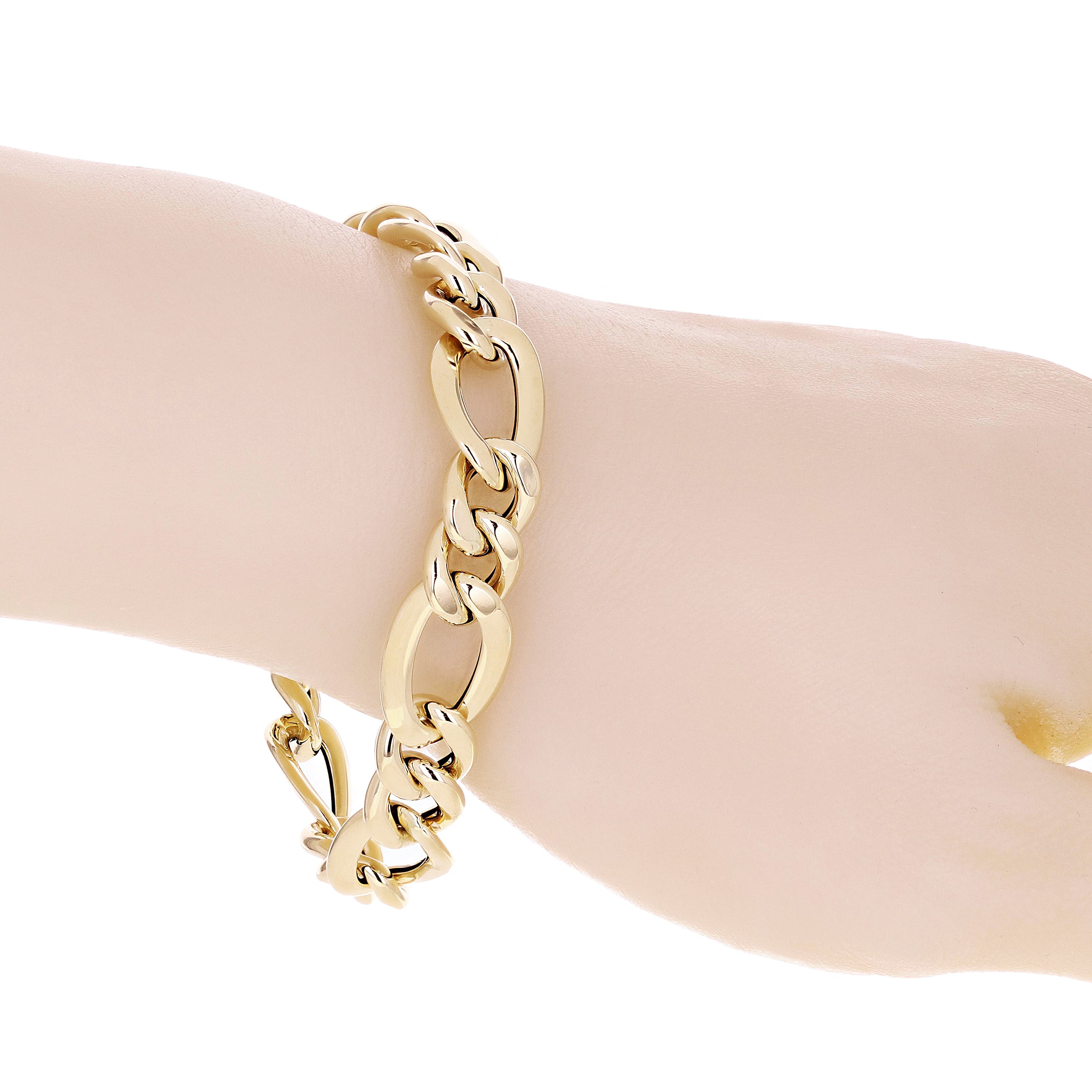 Women's Italian 14k Yellow Gold Hollow Figaro Chain Bracelet 7.5" 12mm 6.7 grams