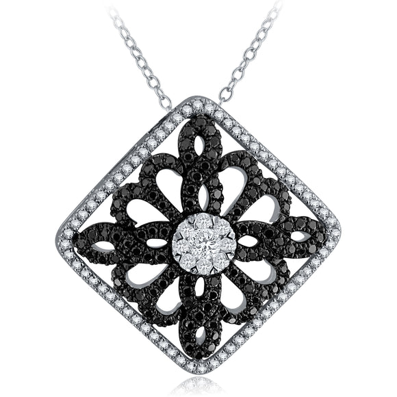 14k White Gold 1ctw Black & White Diamond Filigree Floating Pendant Necklace