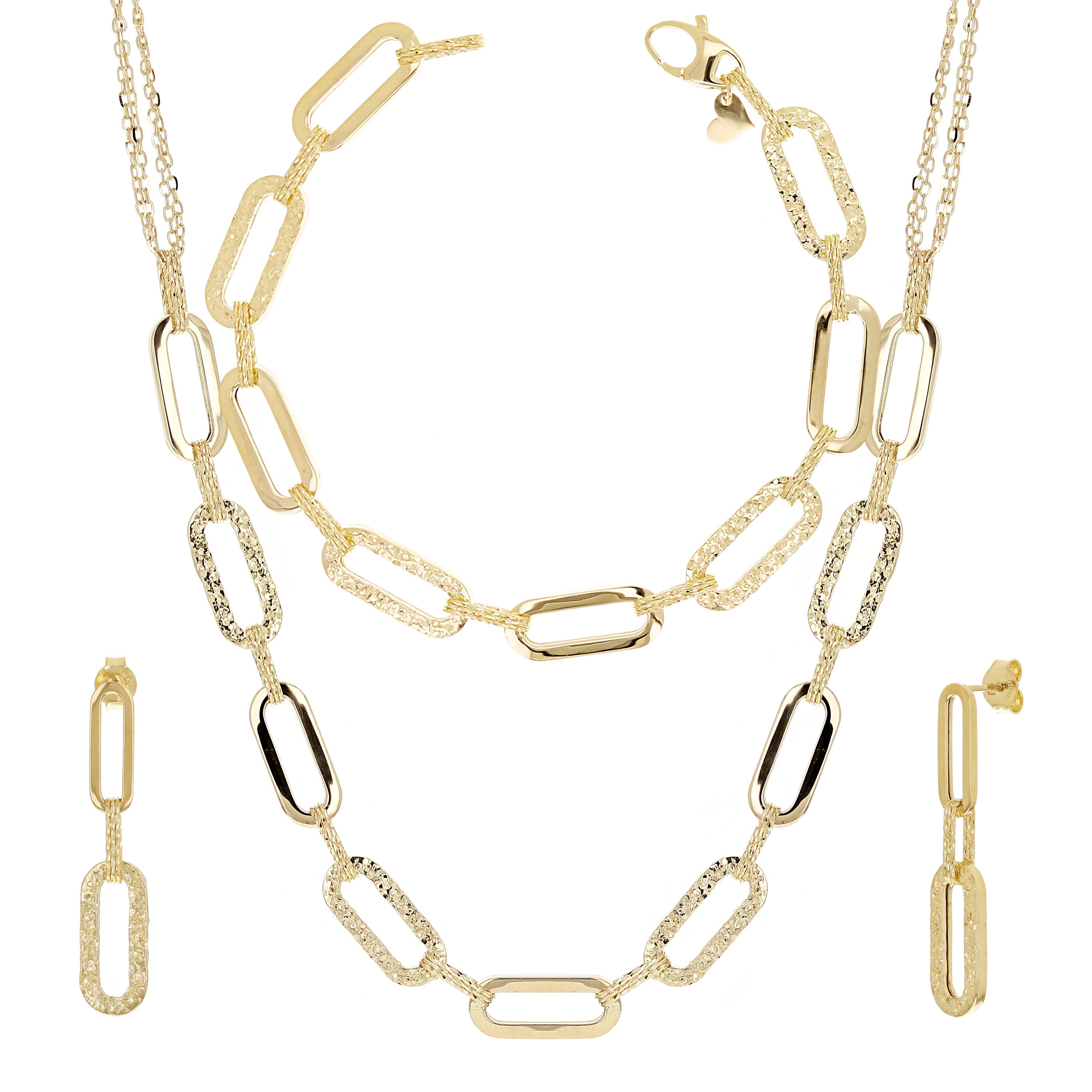 Italian 14k Yellow Gold Paper Clip Link Necklace, Bracelet & Earrings Set 23.4 grams