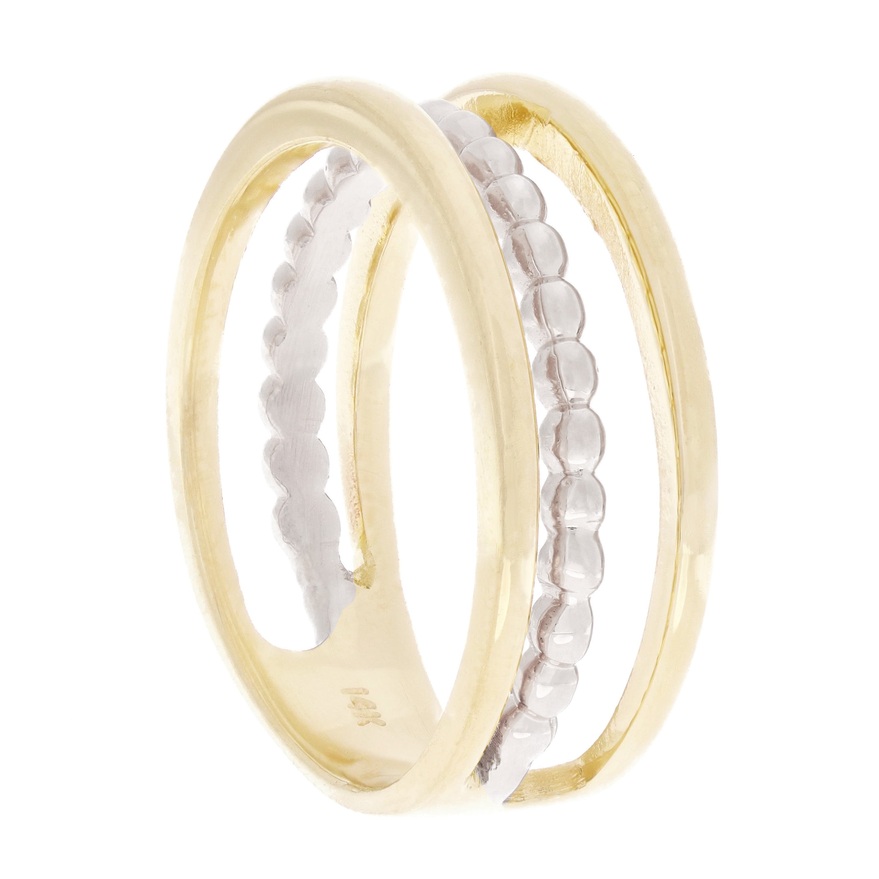 14k Yellow & White Gold High Polished Open Triple Row Beaded Band Size 6.5 - Yellow and White,Ring Size 6.5