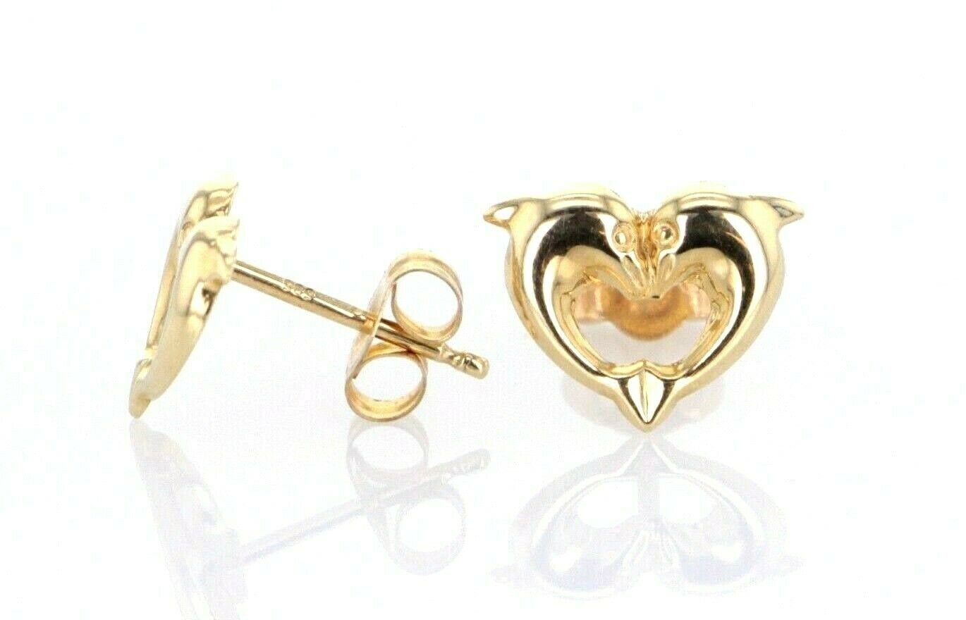 14k Yellow Gold Kid Baby Heart Dolphin Stud Earrings 0.5g