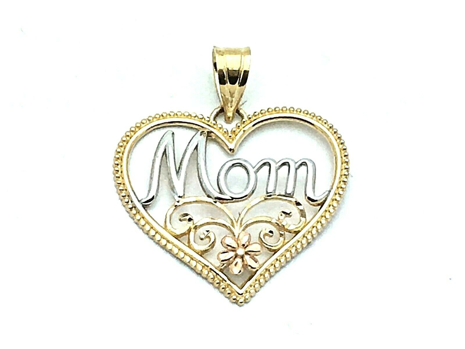 14k Tri Color Gold Flower Heart MOM Charm Pendant 0.9 gram