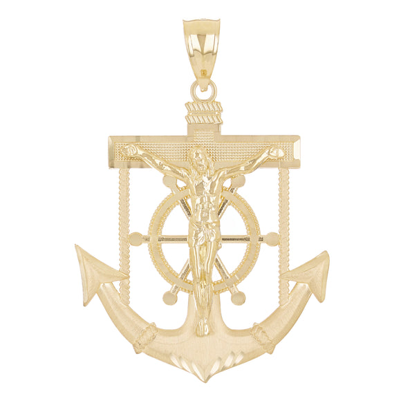 14k Yellow Gold Jesus Christ  Cross Anchor Ship Mariners Pendant 2.7