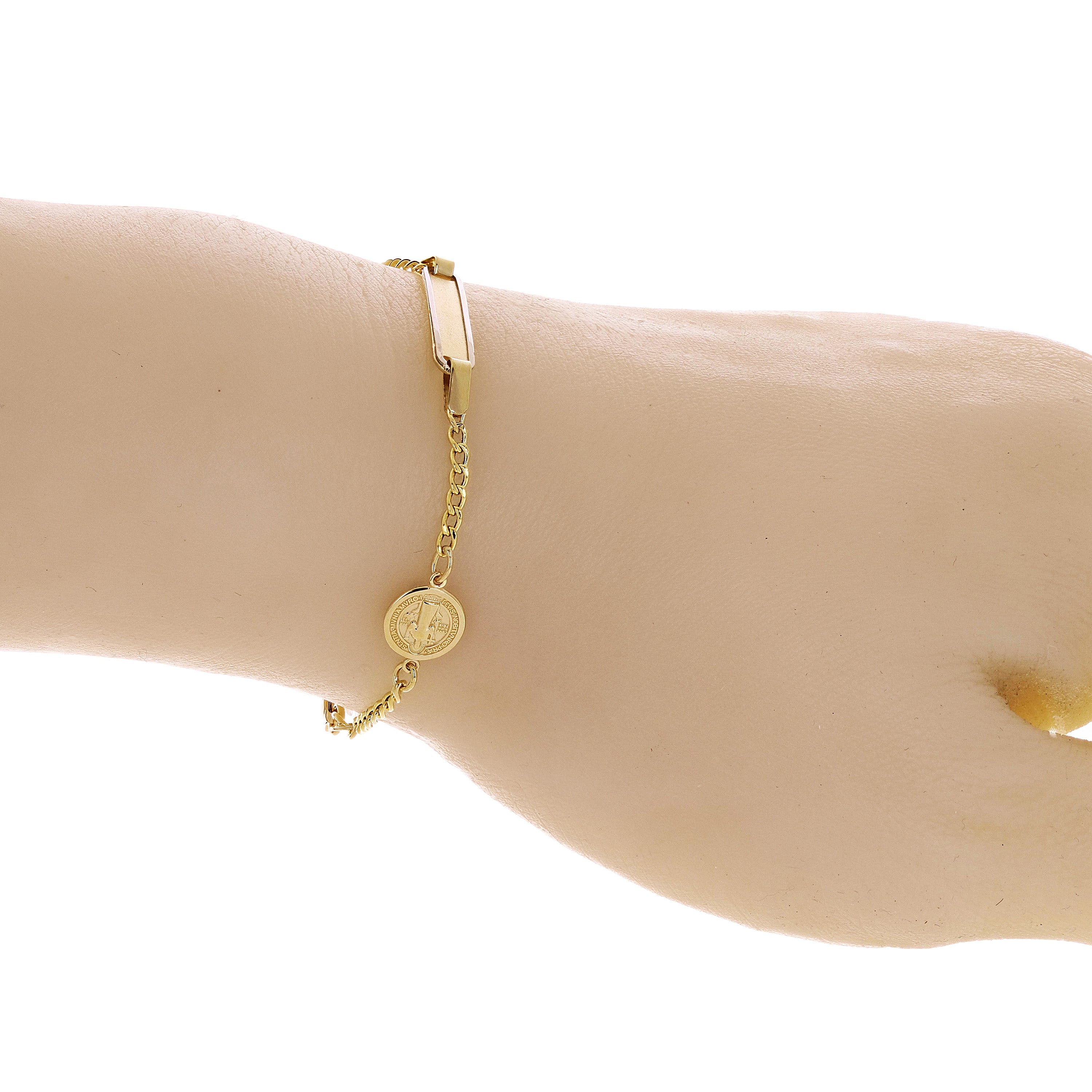 Italian 14k Two-Tone Gold Engravable St. Benedict Charm Baby ID Bracelet 5.5" 2g