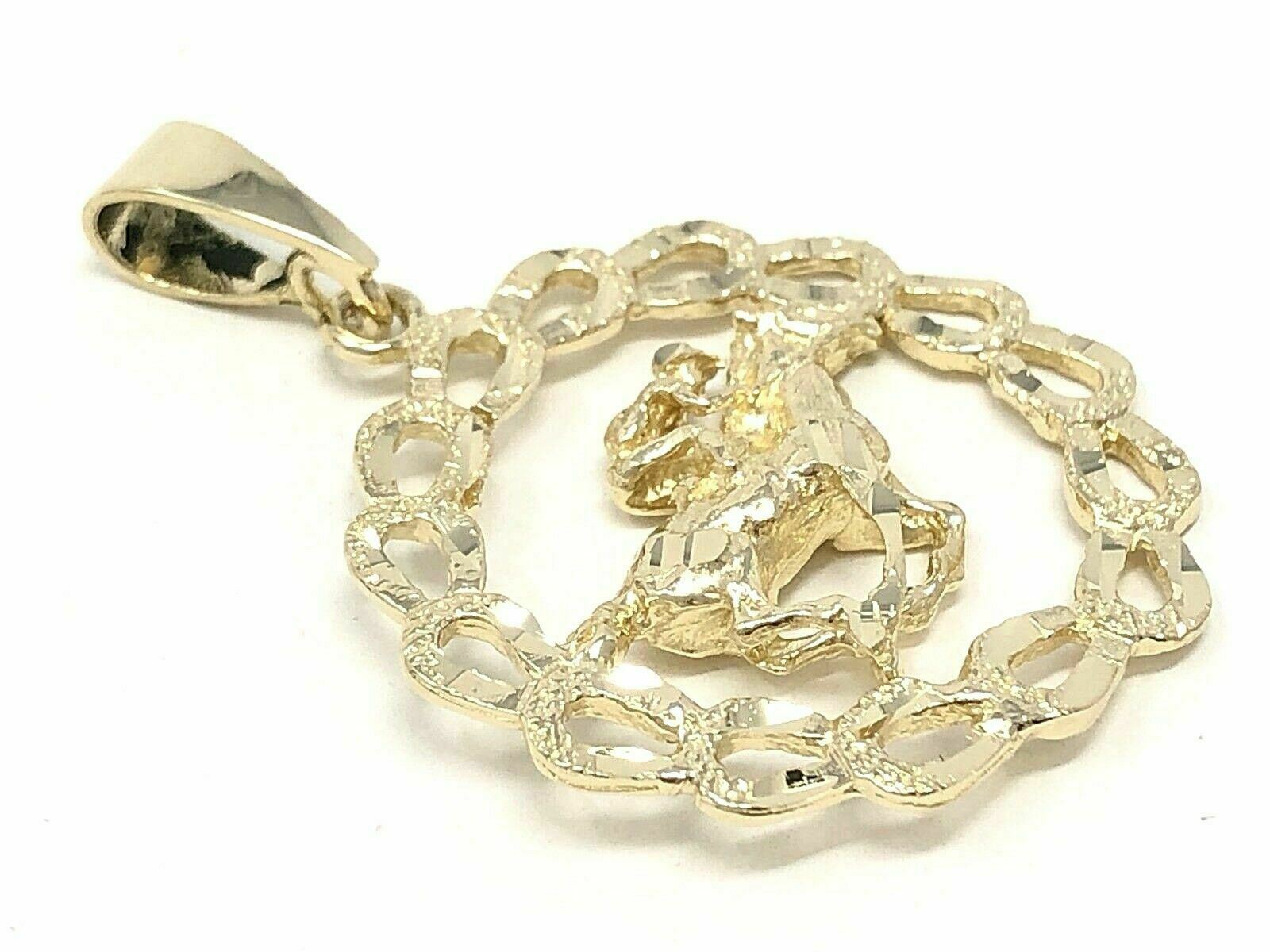 14k Yellow Gold Solid Horse Shoe Racing Horse Charm Round Pendant 5.4 grams
