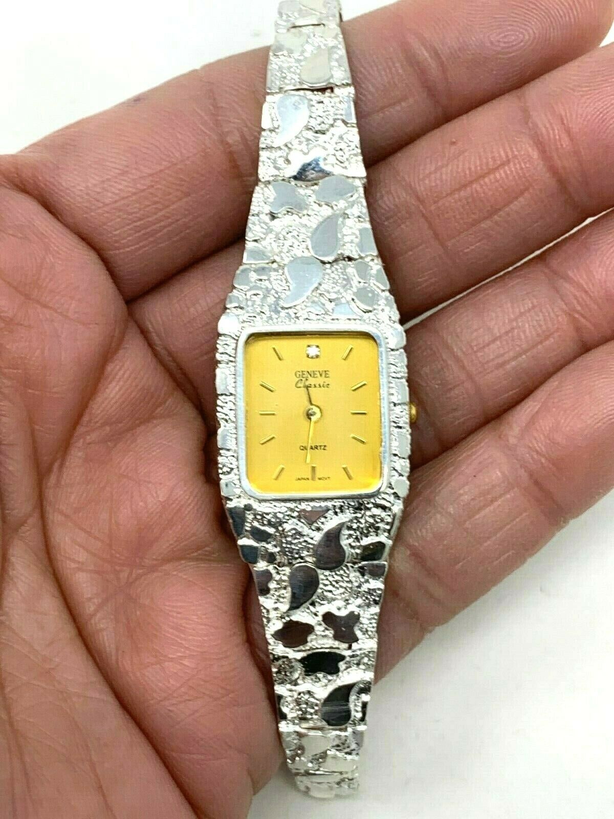 Women's 925 Sterling Silver Nugget Geneve Diamond Watch 6.5" 24 grams