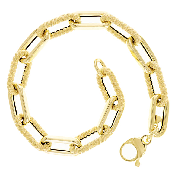 Italian 14k Yellow Gold Plain & Rope Paper Clip Link Bracelet 7.75