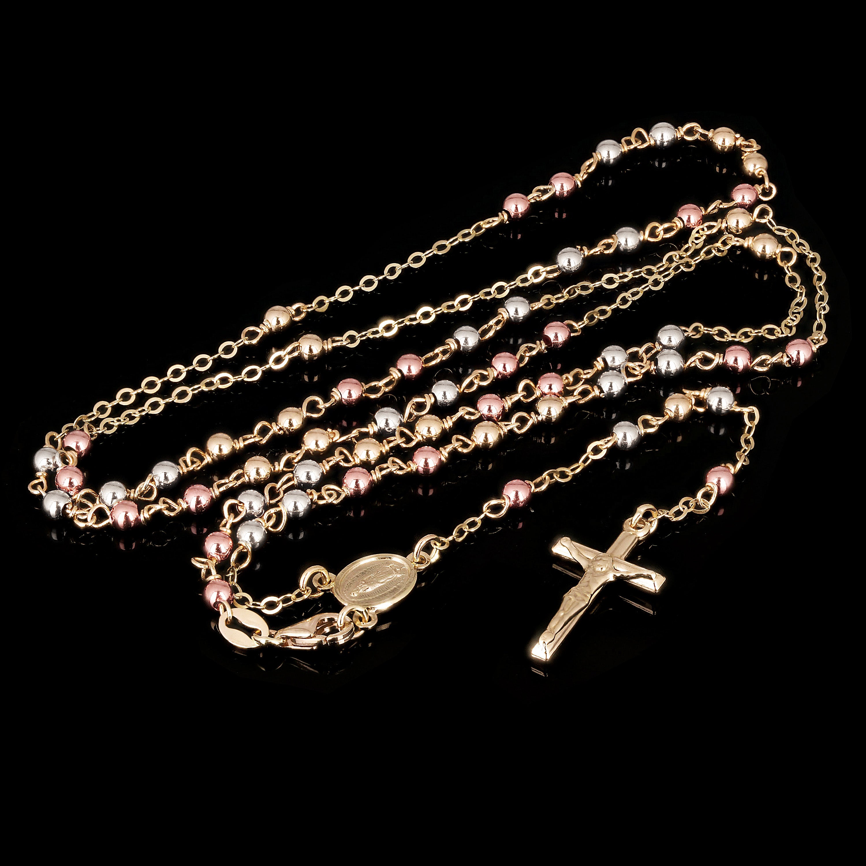 Italian 14k Tri-Color Gold Miraculous Medal Rosary Necklace 24" 3mm 7.4 grams