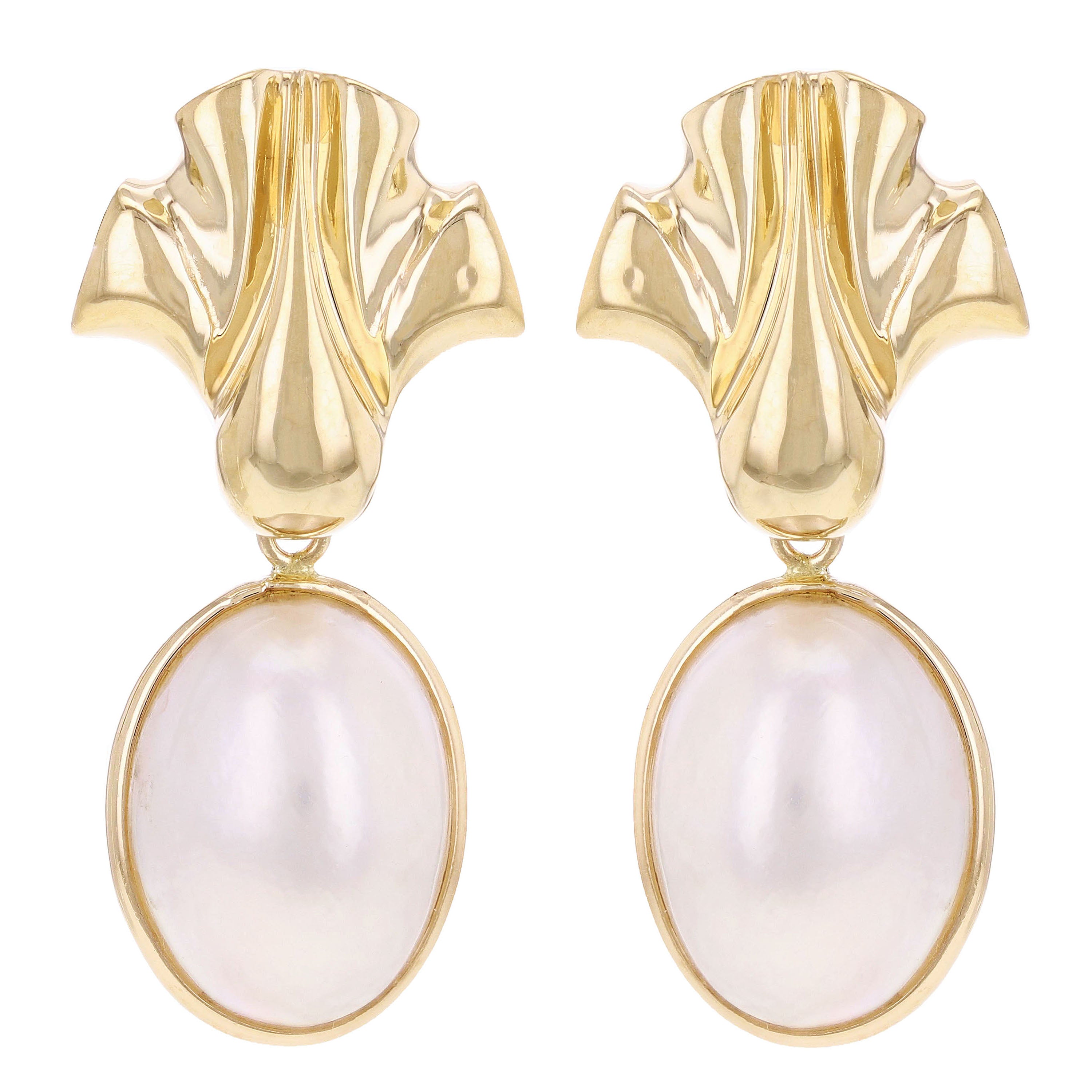 14k Yellow Gold Oval Fresh Water Pearls Dangle Earrings 1.4" 10.1 grams