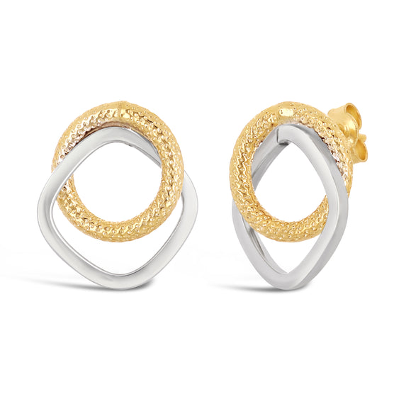 Italian 14k Yellow & White Gold Entwined Square Tube Double Hoop Stud Earrings