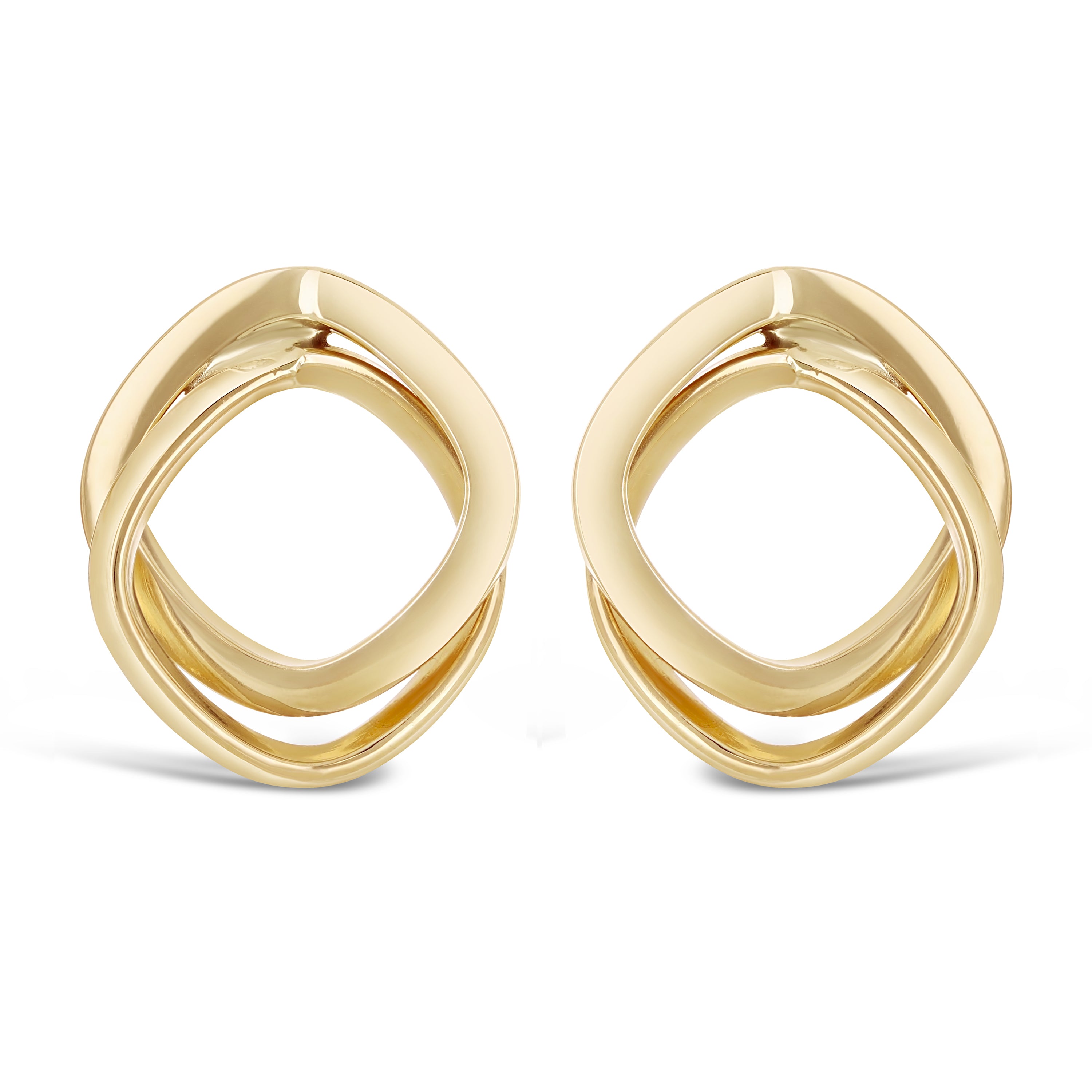 Italian 14k Yellow Gold Bright Shine Open Double Square Hoop Drop Stud Earrings - Square Tubular