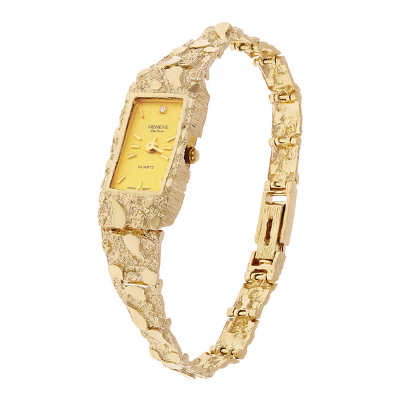 Women's 10k Yellow Gold Nugget Band Wrist Bracelet Geneve Watch w/ Diamond 6.5