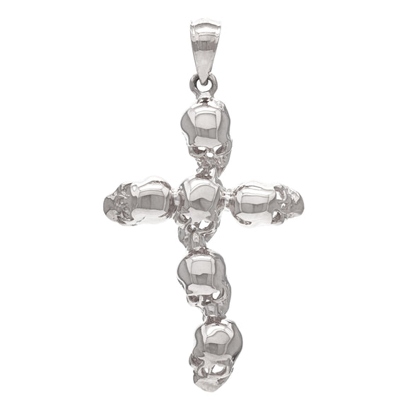 10k White Gold Solid High Polished Cross Skull Charm Pendant 1.65