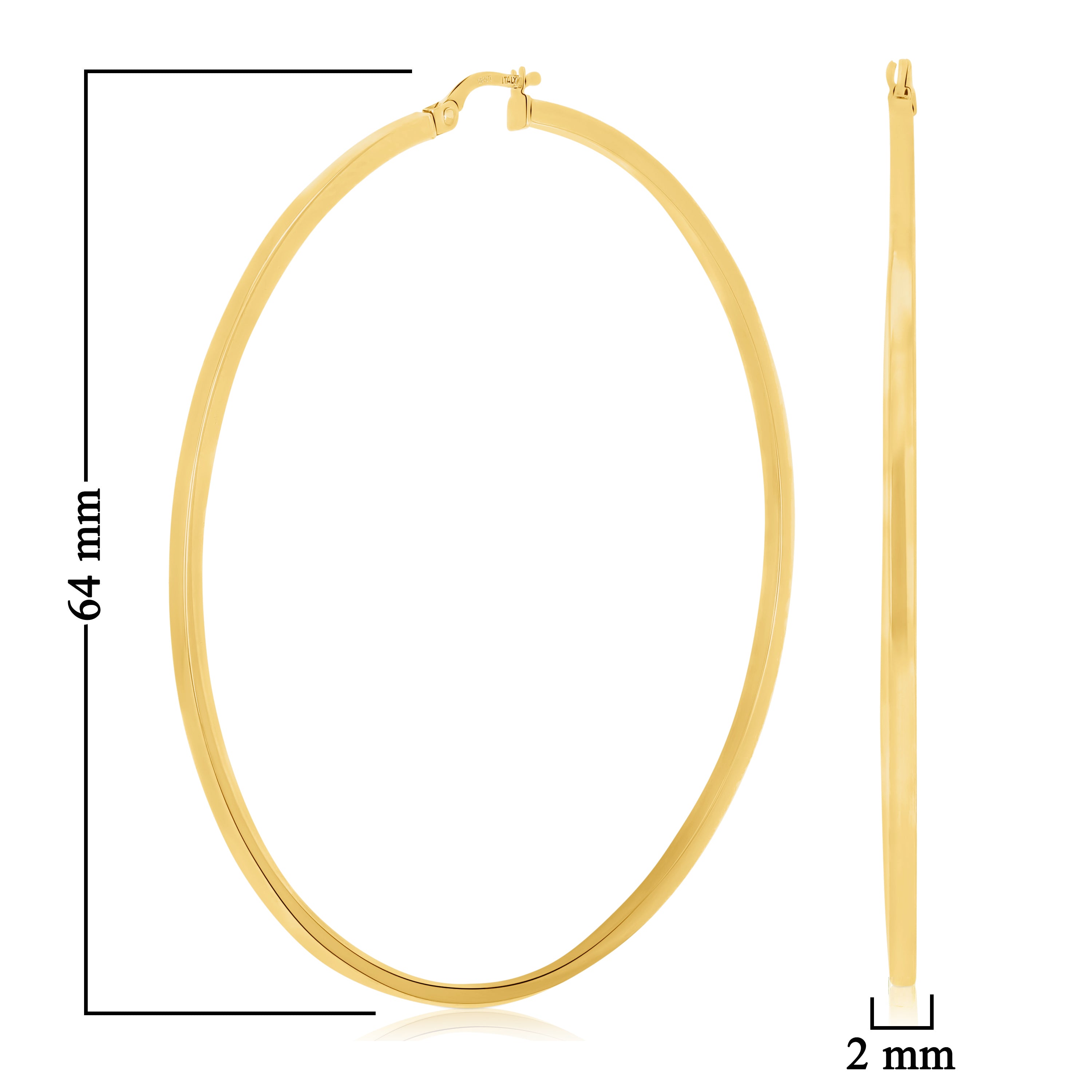 Italian 14k Yellow Gold High Polish 2mm 2.5" Diameter Round Hoop Earrings 4grams