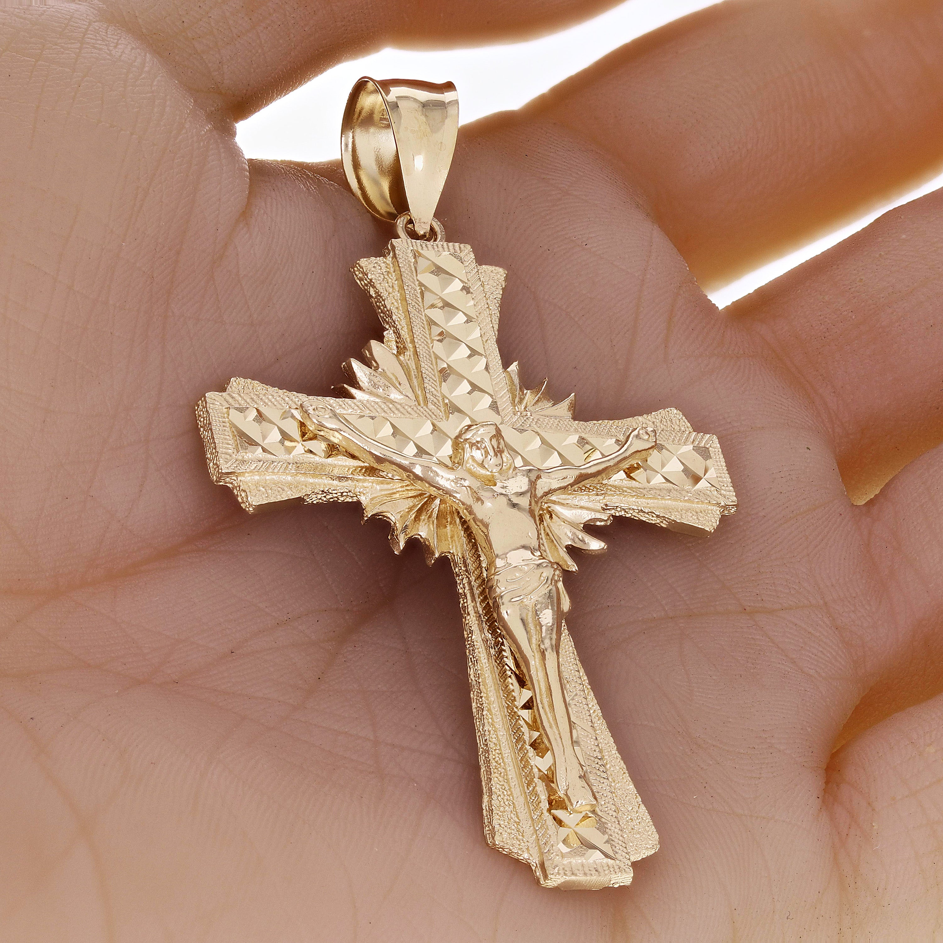 14k Yellow Gold Diamond Cut Jesus Cross Crucifix Catholic Pendant 2.9" 10 grams