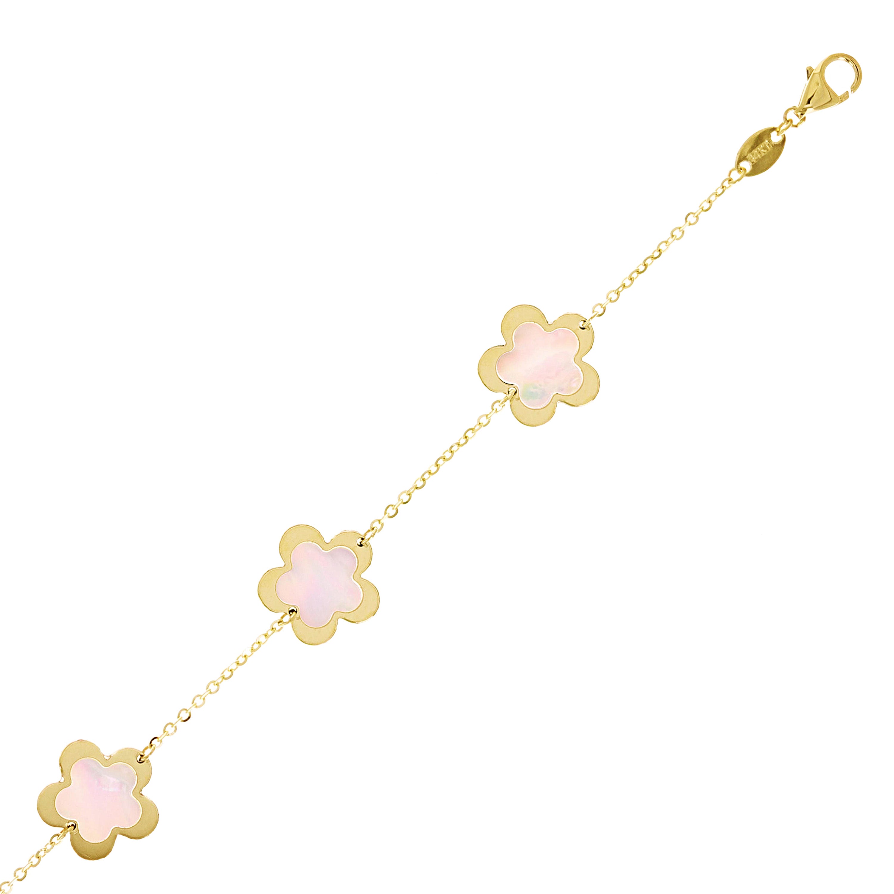 Italian 14k Yellow Gold Pearl Flower Charm Station Bracelet 7.5" 11mm 2.4 grams