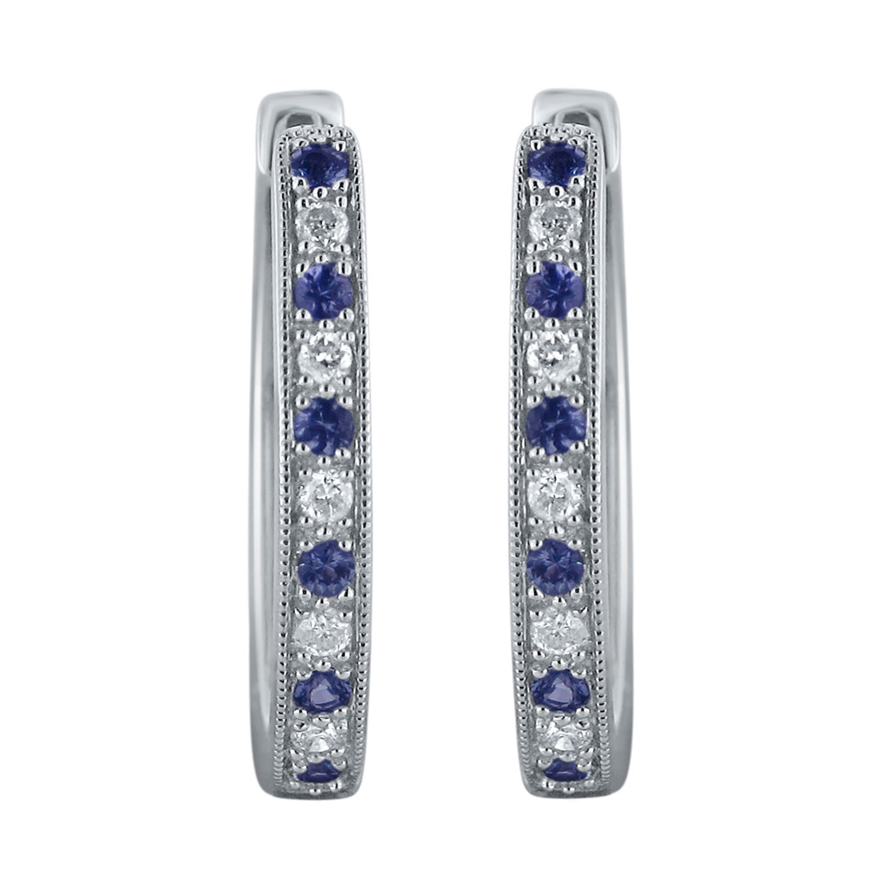14k White Gold Diamond and Blue Sapphire Hoop Earrings
