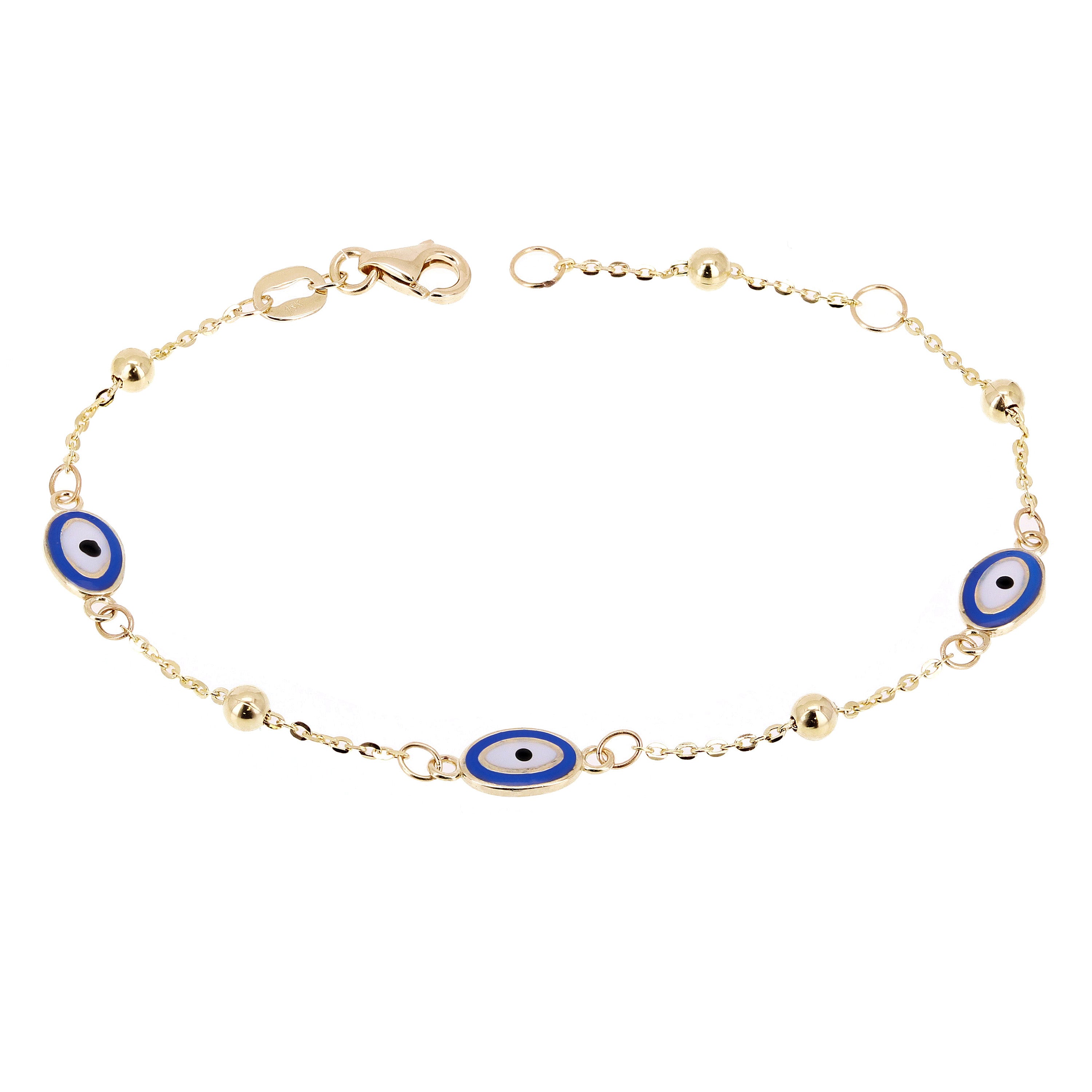 Italian 14k Yellow Gold Enamel Evil Eye Station Bracelet 7"