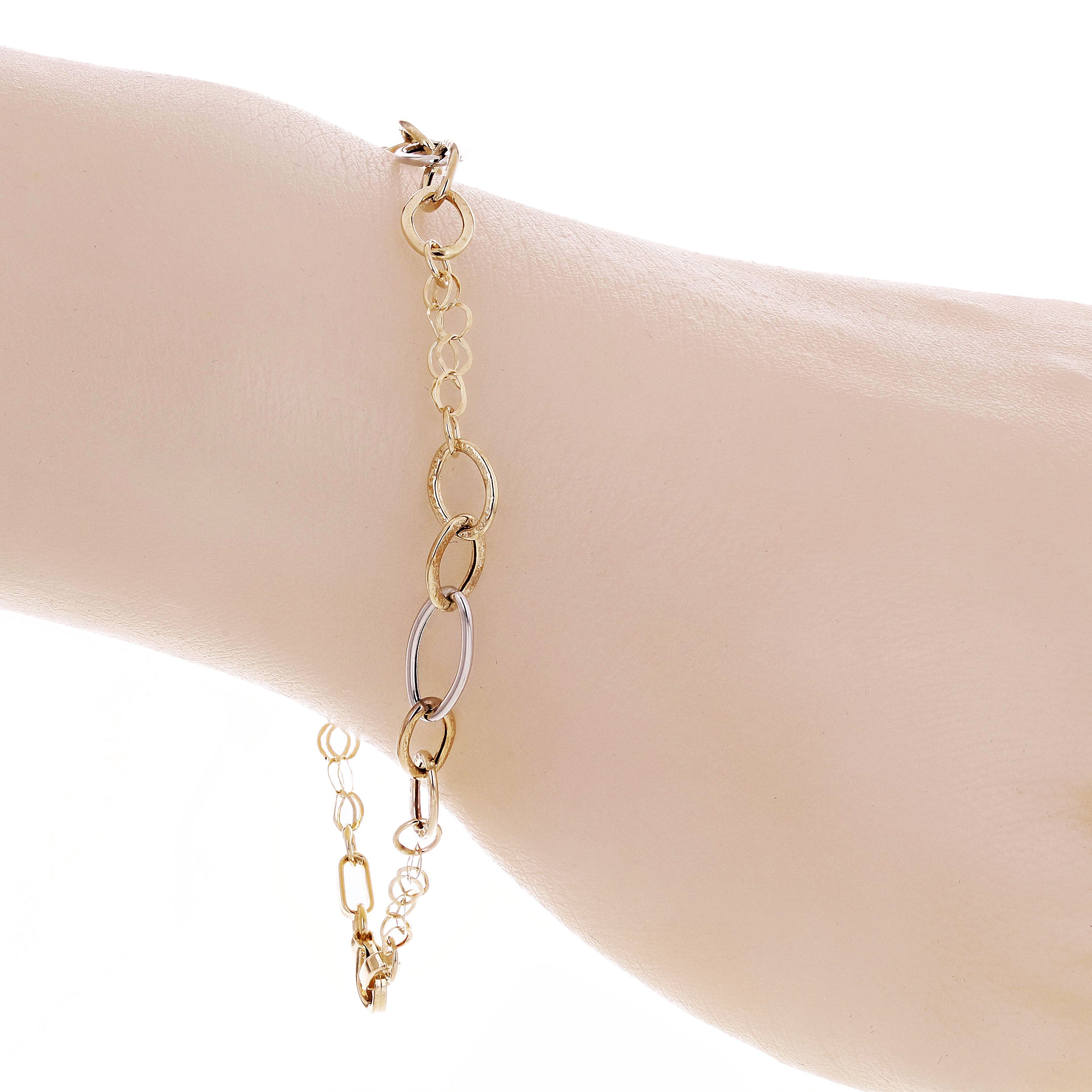 Italian 14k Yellow & White Gold Hollow Oval & Round Link Bracelet 7.25" 6mm 2g