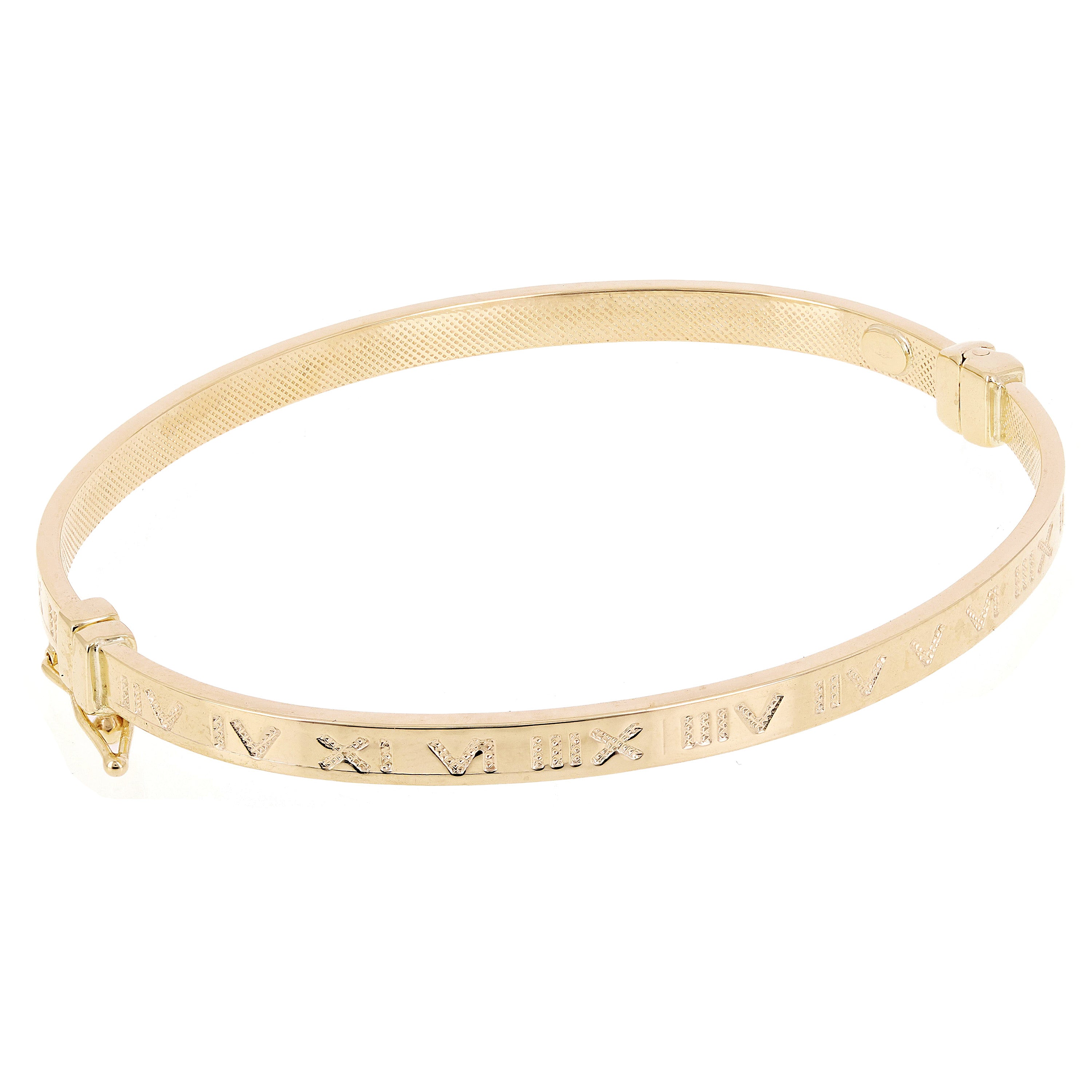 Italian 14k Yellow Gold Hollow Square Tube Roman Numeral Bangle Bracelet 7" 4mm