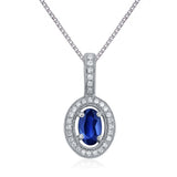 14k White Gold Oval Blue Sapphire Pendant Diamond Accented Halo Pendant Necklace 18" - Sapphire
