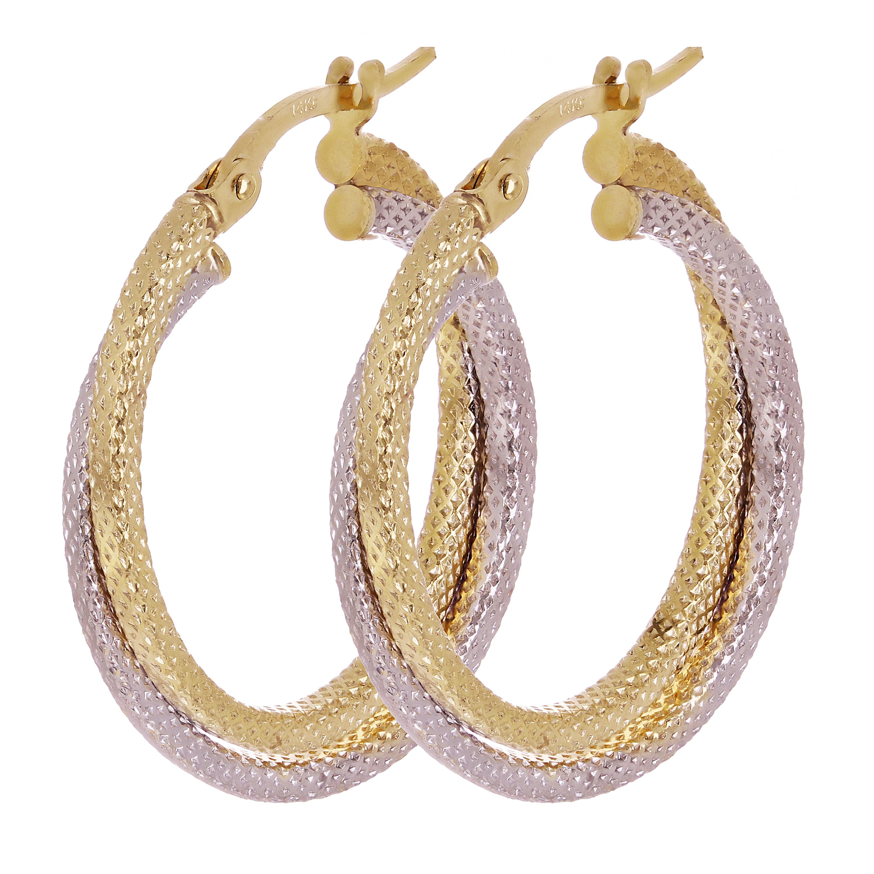 Italian 14k Two Tone Gold Twisted Double Hoop Earrings 1" 3.5mm 2 grams