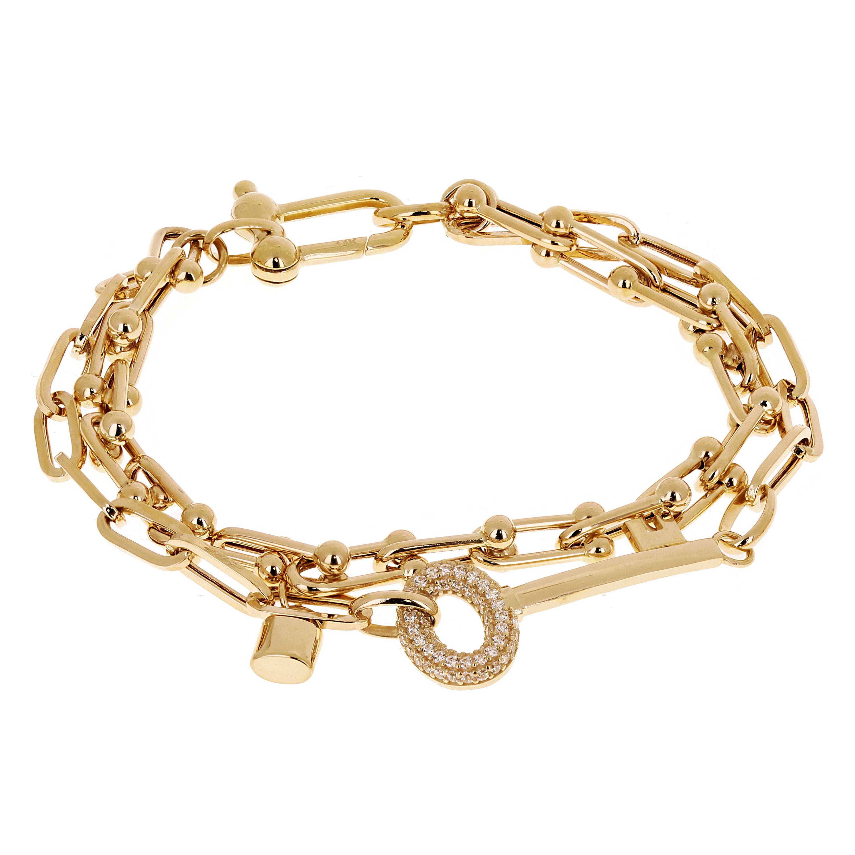 Italian 14k Yellow Gold Double U Shape Hardwear Lock & Key CZ Charm Bracelet 7.5" - 7.5" 12.9 grams