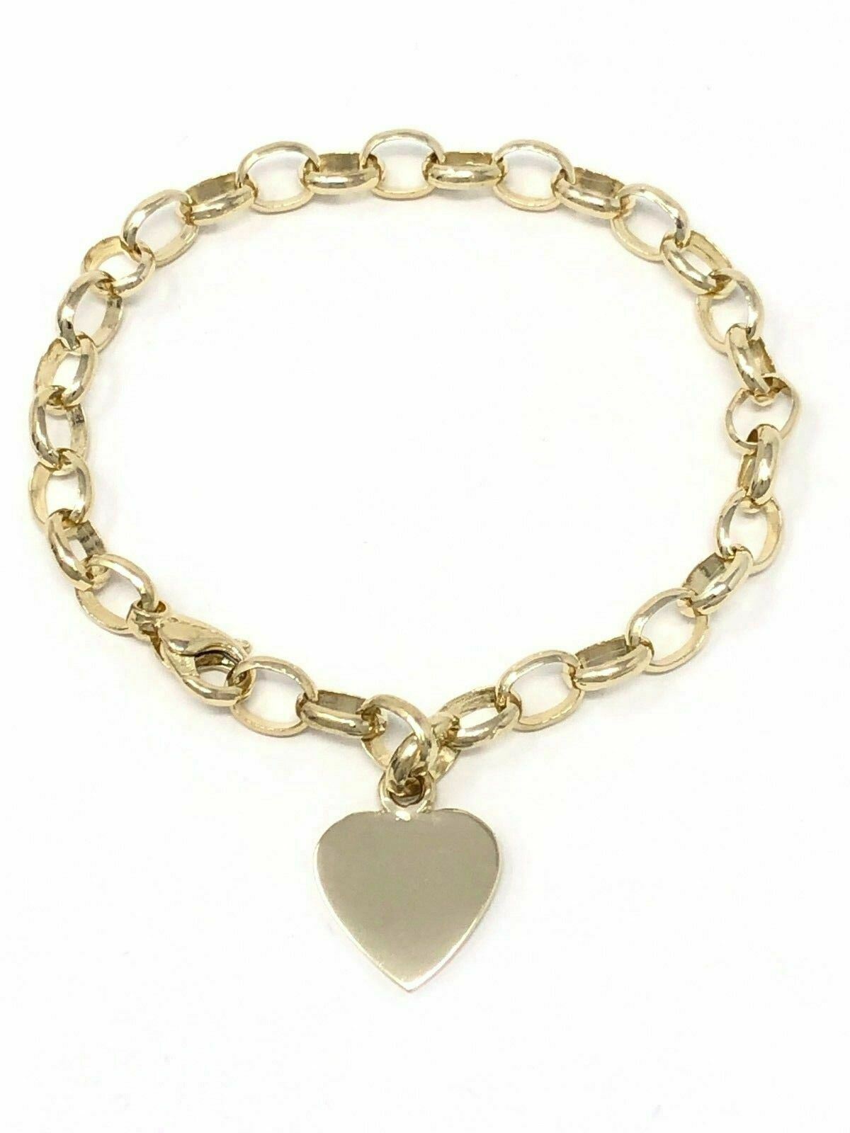 14k Yellow Gold Oval Link Heart Charm Bracelet 8.5" 19 grams