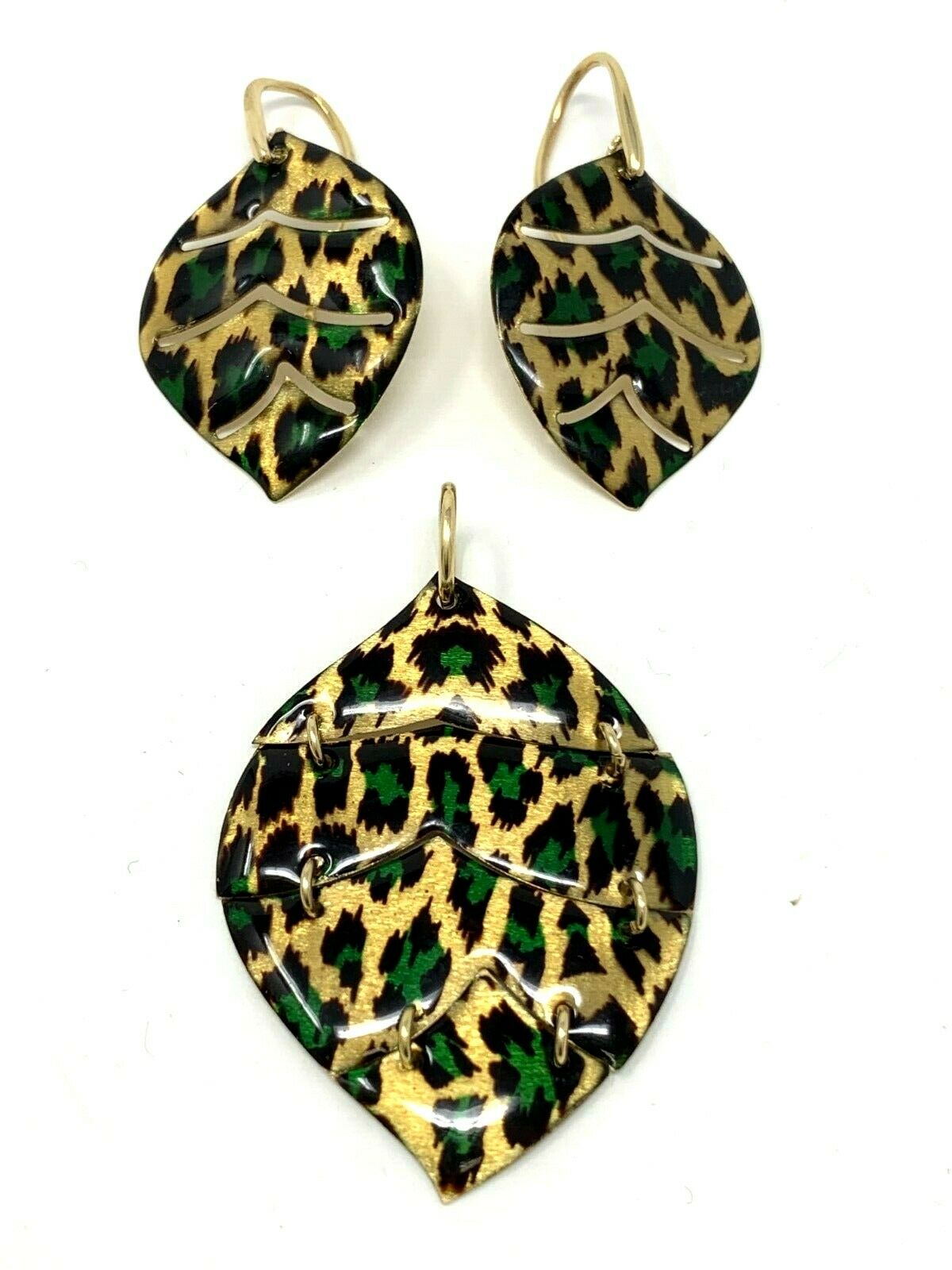 Italian 14k Yellow Gold Enamel Animal Print Leaf Earrings and Pendant Set