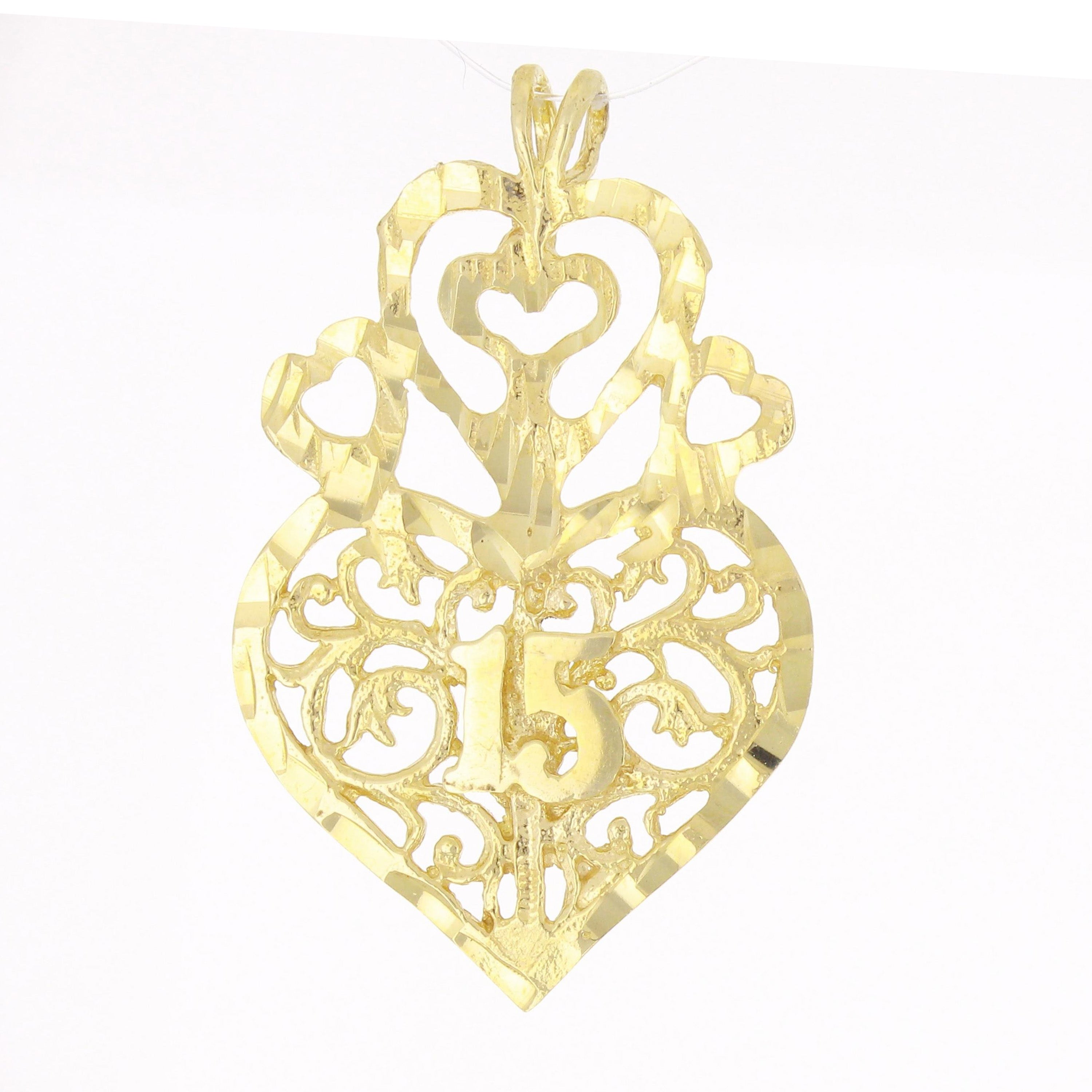14k Yellow Gold 15 ANOS Quinceanera Heart Pendant 1.7 grams