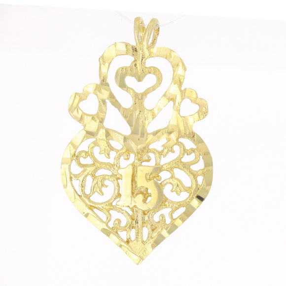 14k Yellow Gold 15 ANOS Quinceanera Heart Pendant 1.7 grams