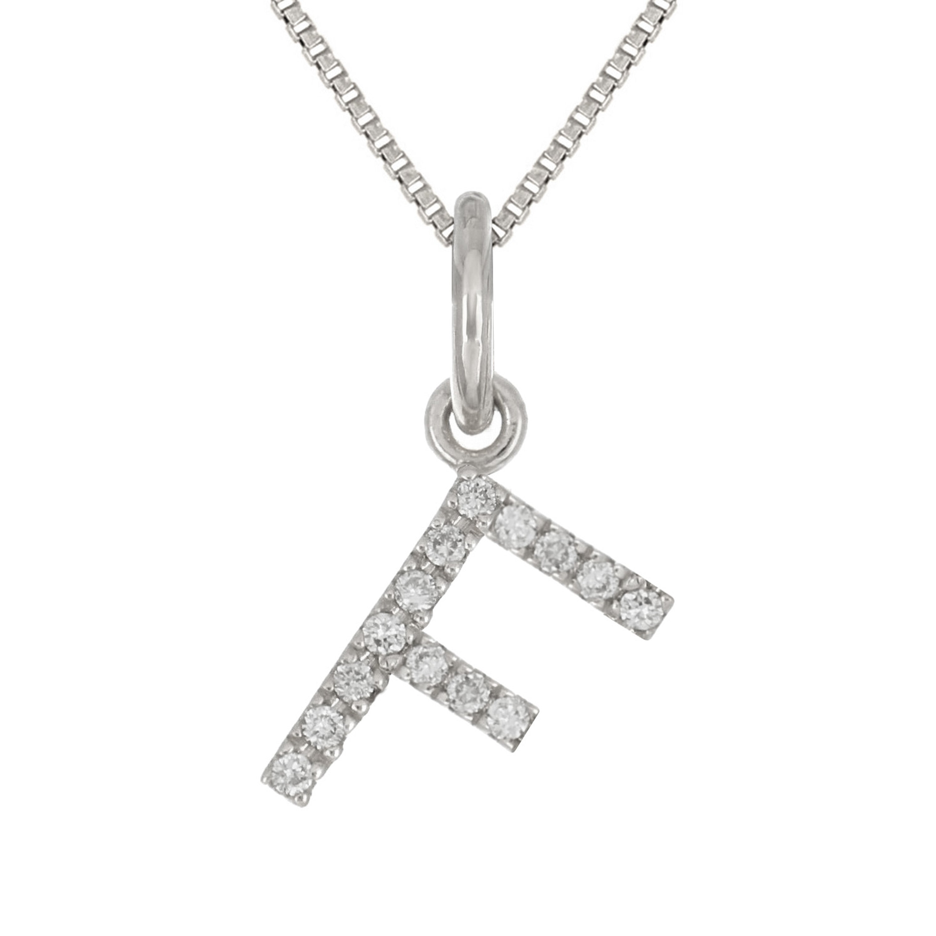 14k White Gold Diamond Initial Letter F Charm Pendant Necklace 18" - Letter F,White