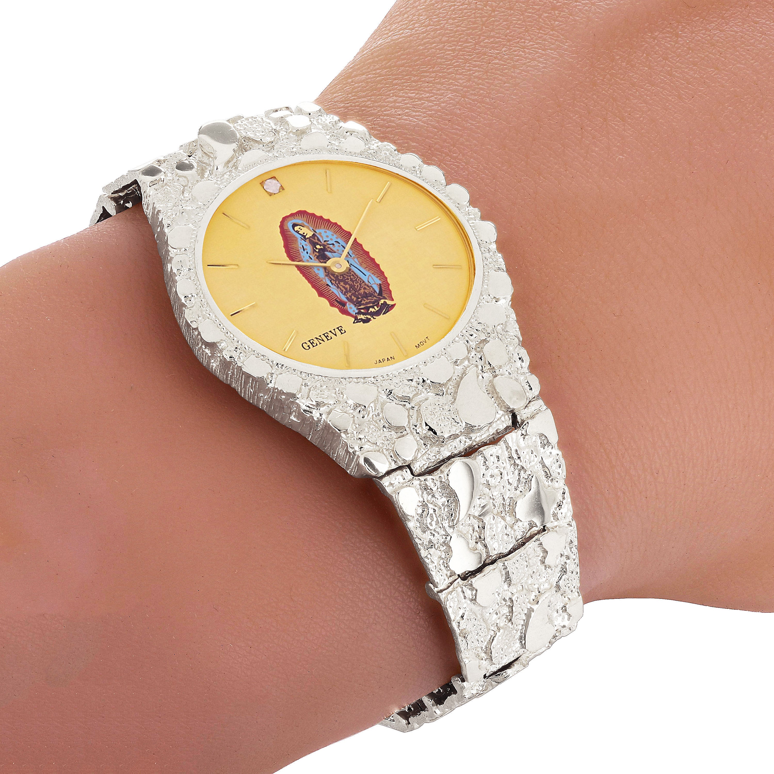 925 Sterling Silver Nugget Link Band Geneve Guadalupe Diamond Watch 7-7.5" 42 grams - 7" 42 grams