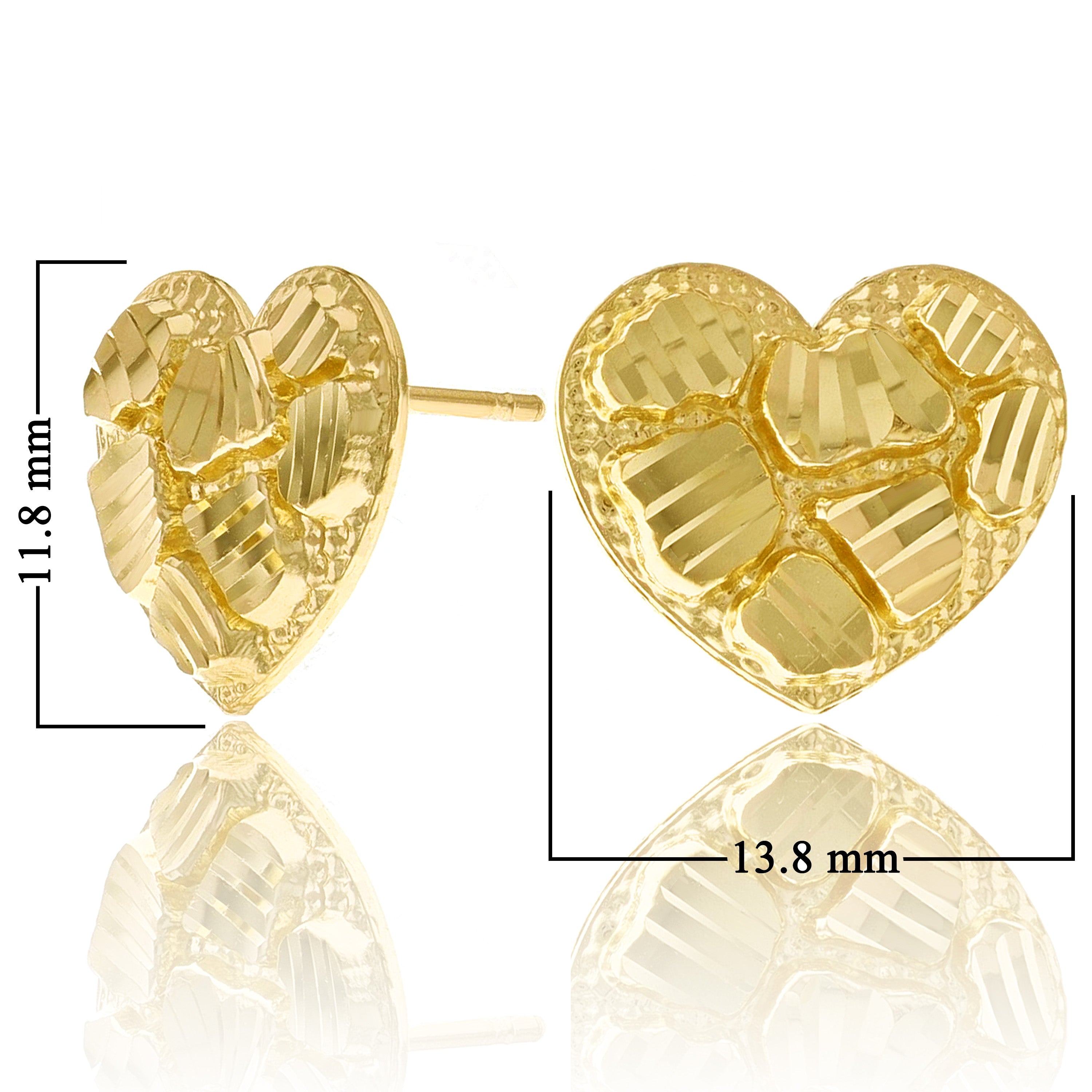14k Yellow Gold Diamond Cut Nugget Heart Stud Earrings 11.8mm x 13.8mm 2.2 grams