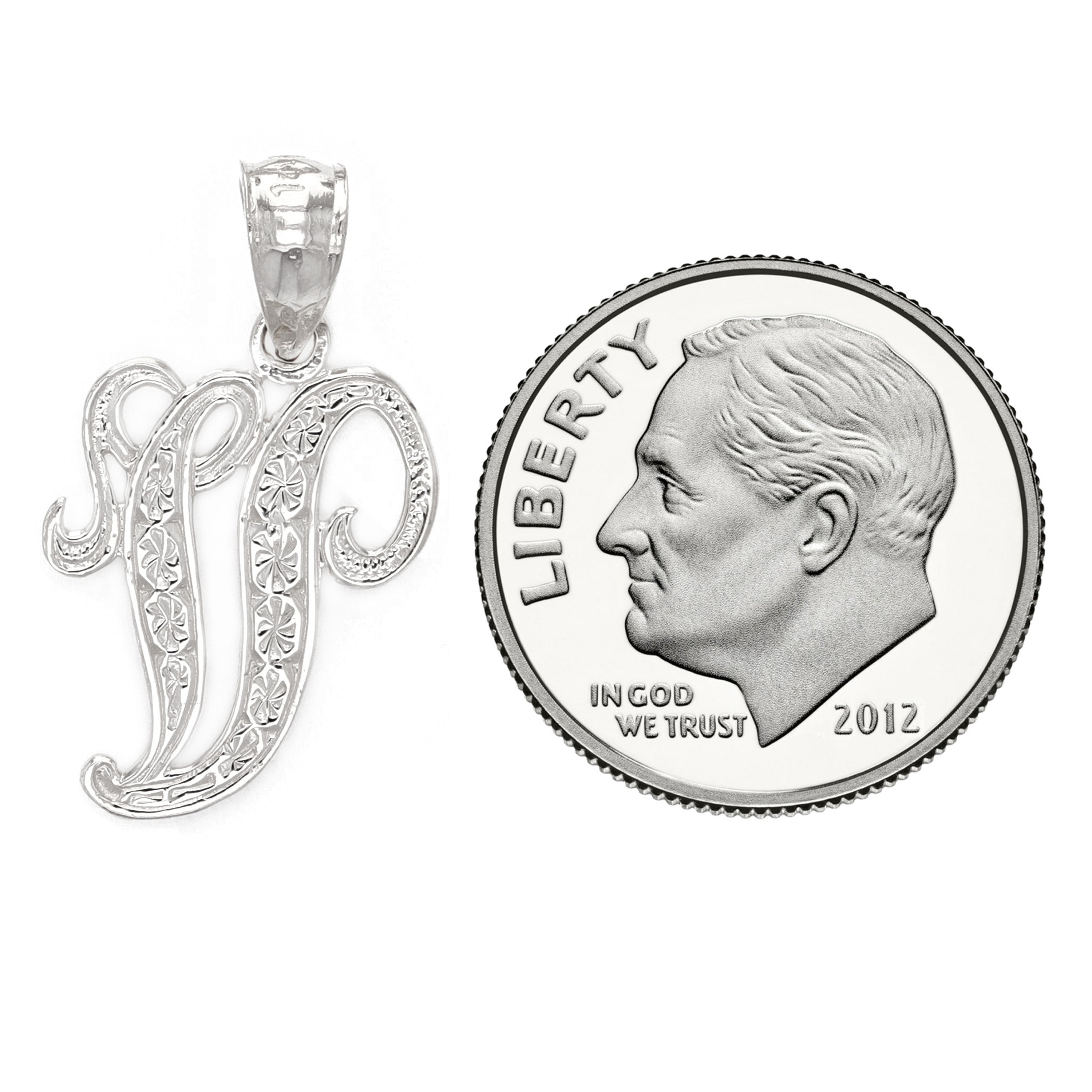 14k White Gold Initial Letter V Alphabet Charm Pendant - Letter V,White