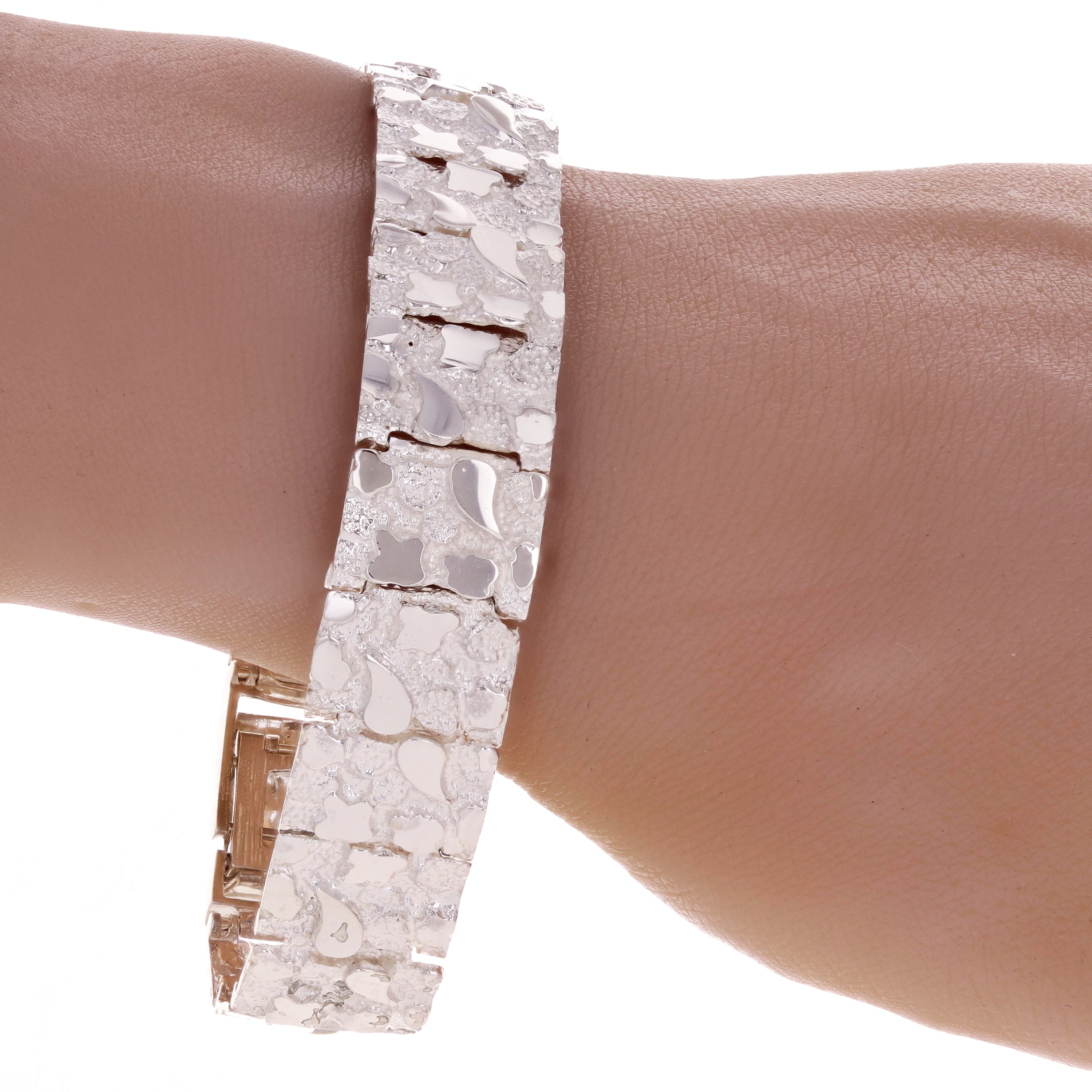 925 Sterling Silver Solid Nugget Bracelet Adjustable Link 7.5" 15mm 31 grams