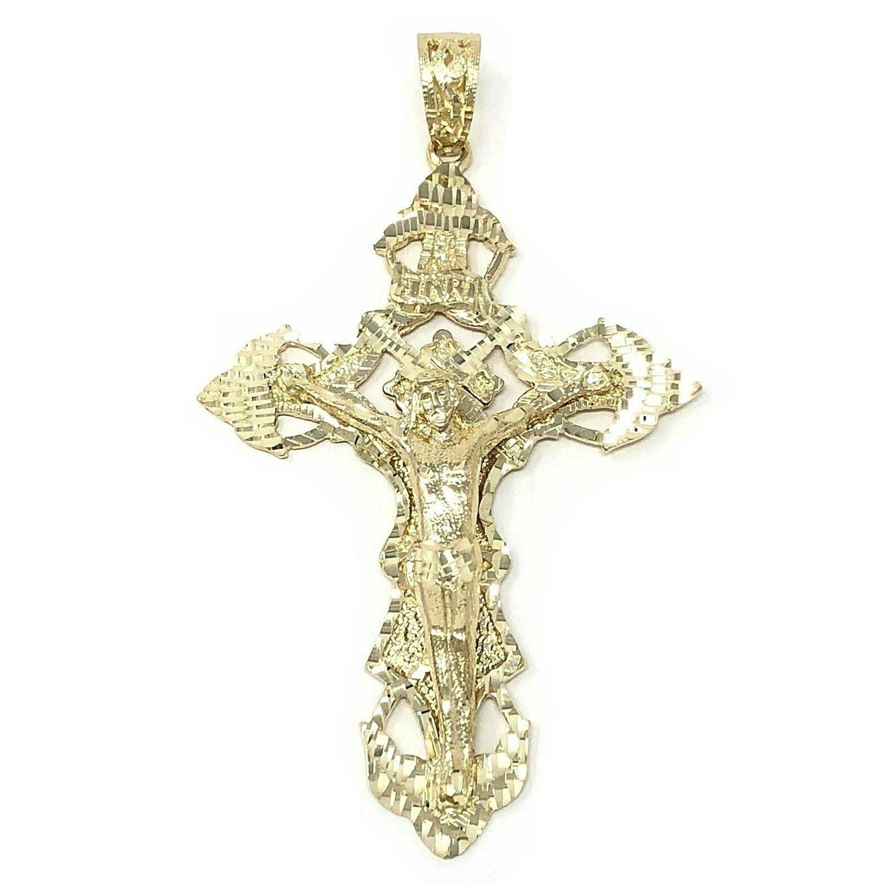 10k Yellow Gold Religious INRI Jesus Christ 3D Big Cross Pendant 3.36" 14.6grams