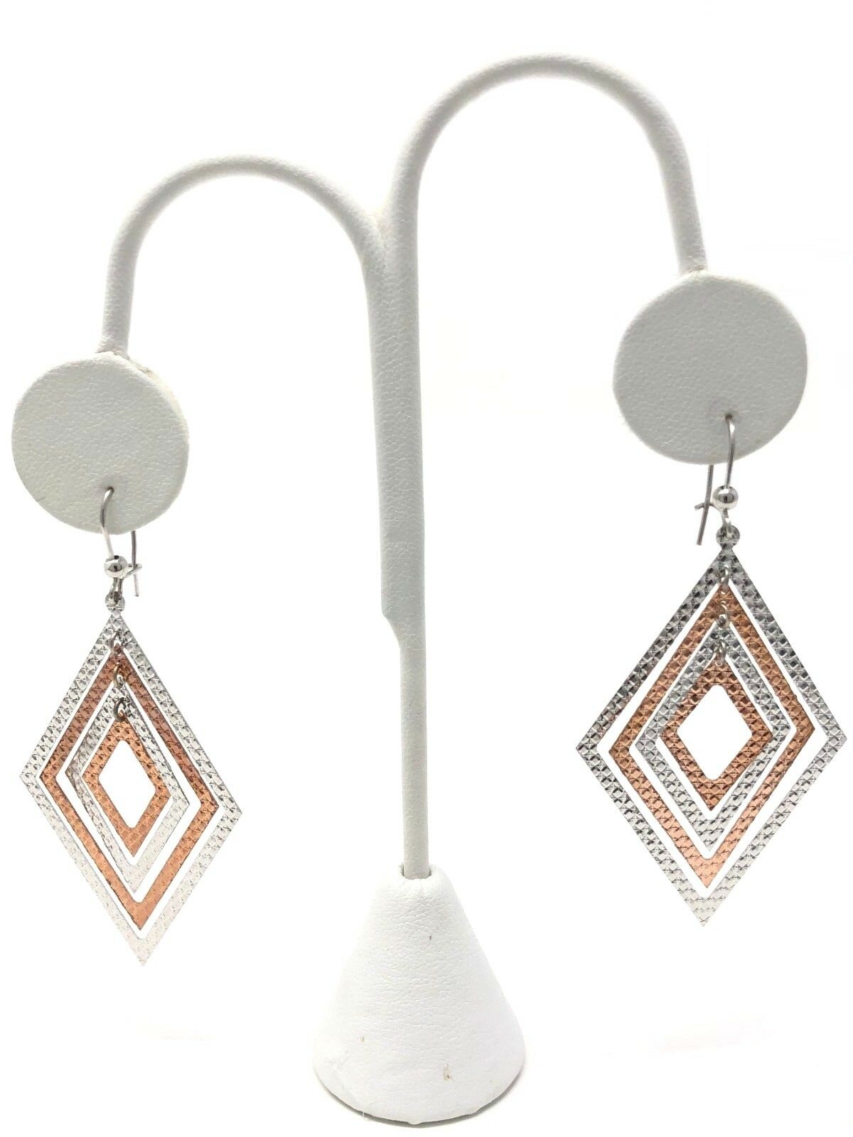 Italian 14k Two Tone Gold Diamond Cut Diamond Shape Dangle Earrings 2.6" 4.9g