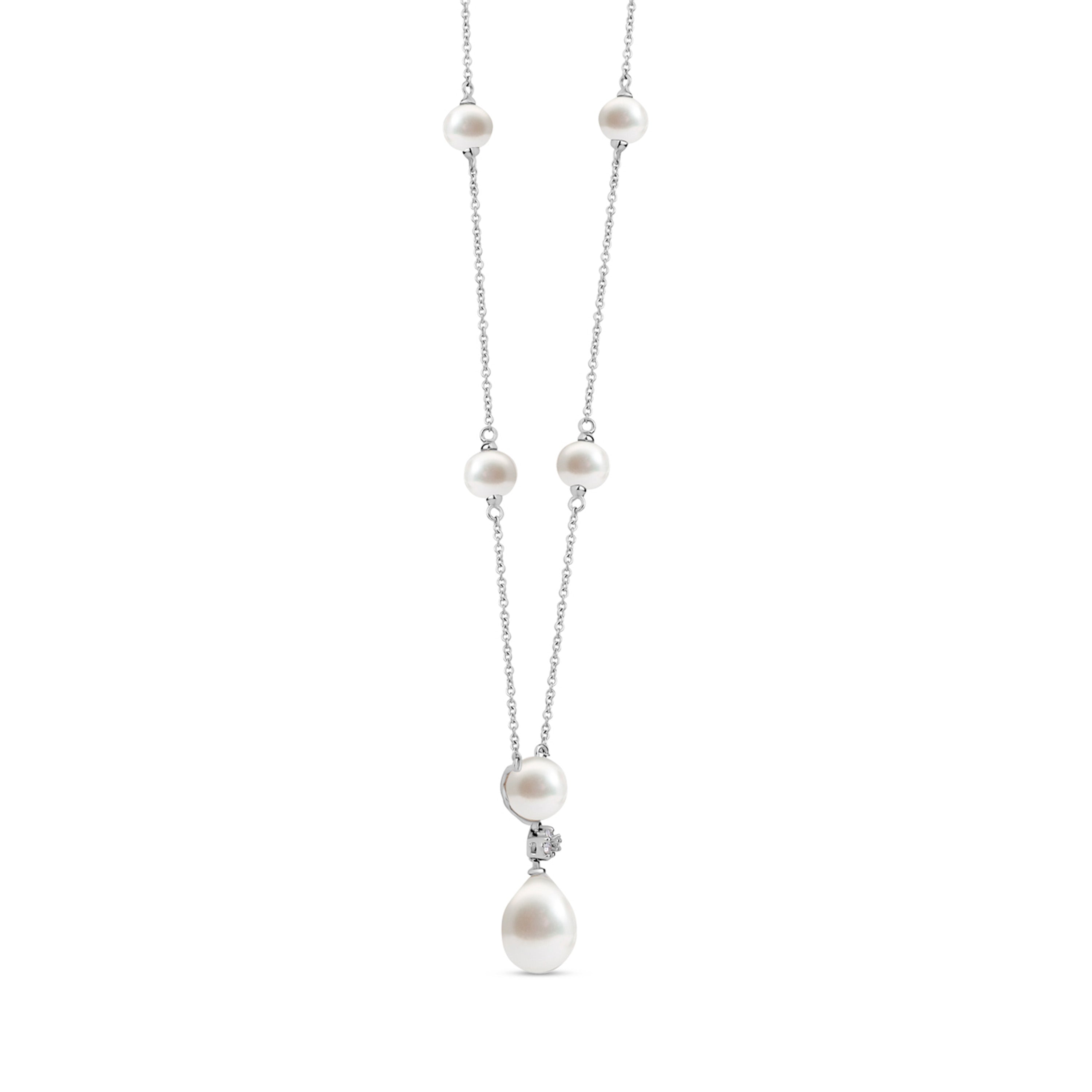 14k White Gold Freshwater Pearl Dangle Station Necklace 18" with Diamonds