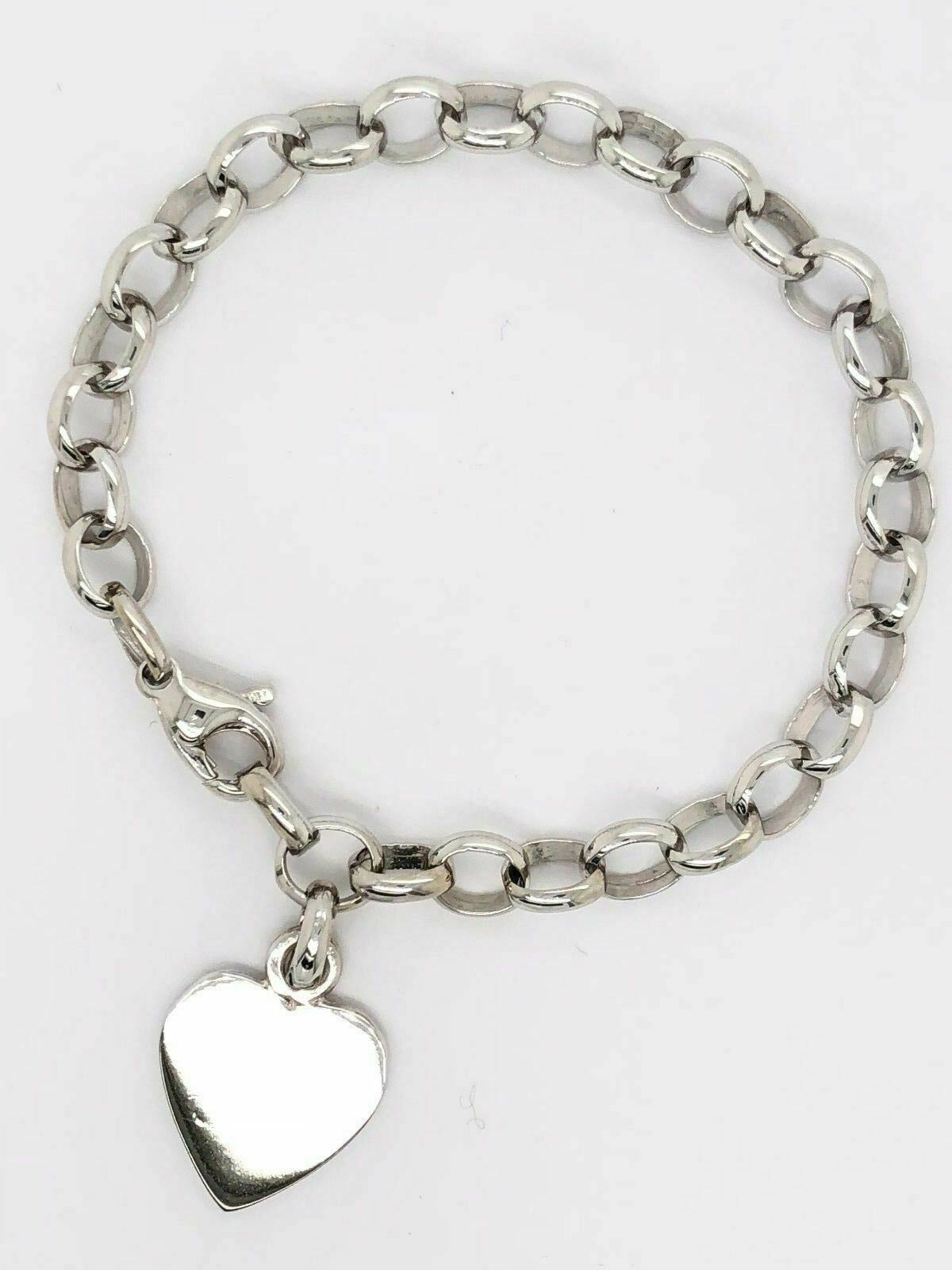 14k White Gold Oval Rolo Link Heart Charm Bracelet 8.5" 19 grams